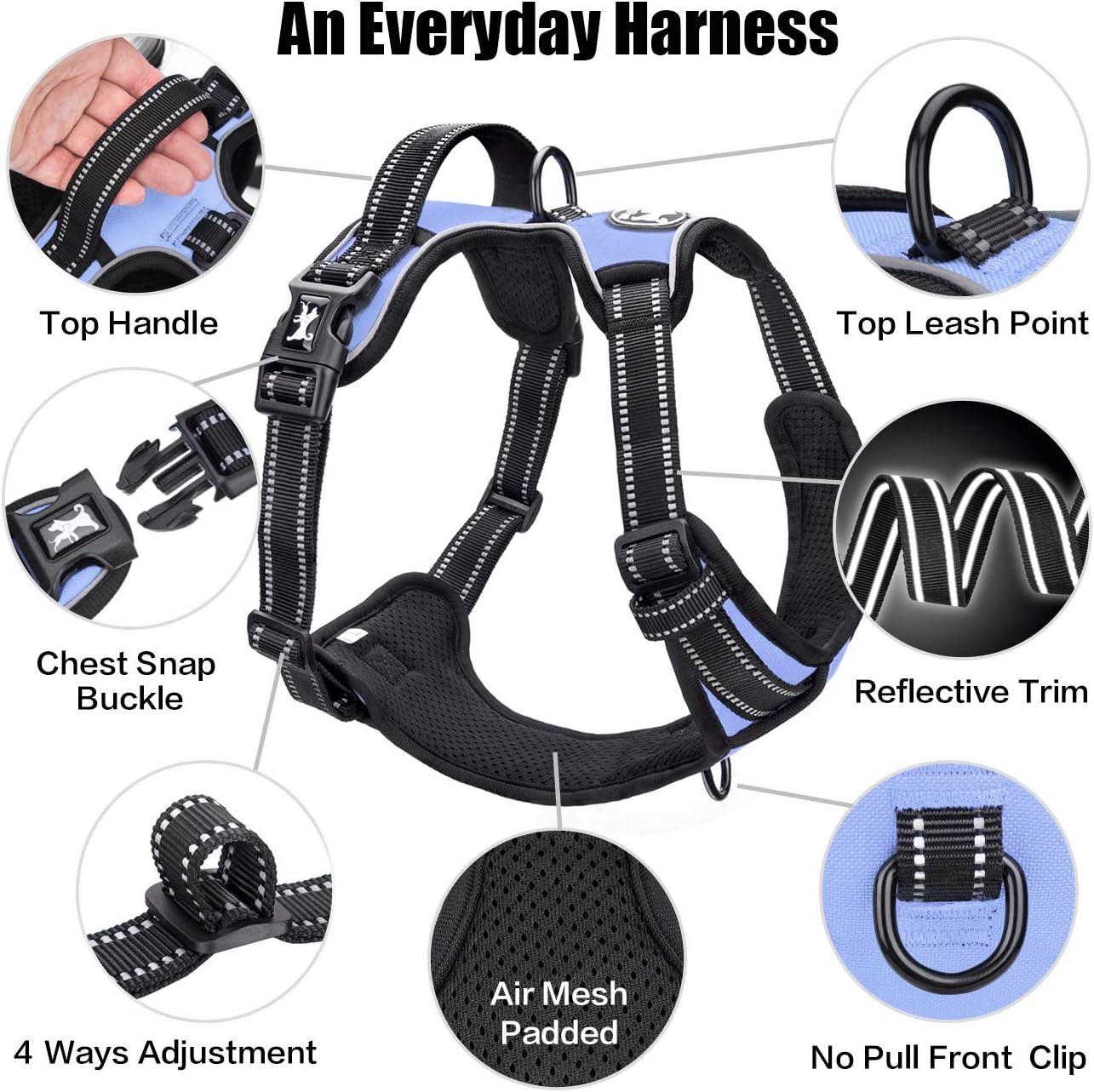 PoyPet No Pull Dog Harness, Reflective Comfortable Vest Harness with Front & Back 2 Leash Attachments and Easy Control Handle Adjustable Soft Padded Pet Vest for Small to Large Dogs (Light Blue,XL)