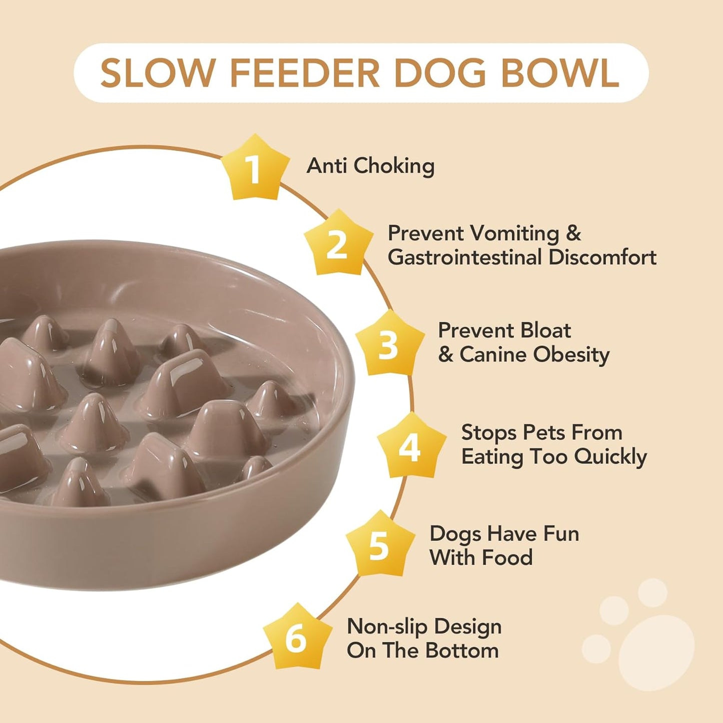 Ceramic Raised Slow Feeder Dog Bowl Set, Elevated 7.3inch Bowl and 8.2inch Slow Pet Food Dish with Wooden Stand for Medium and Large Dog (2 x Brown Coffee+ Stand)