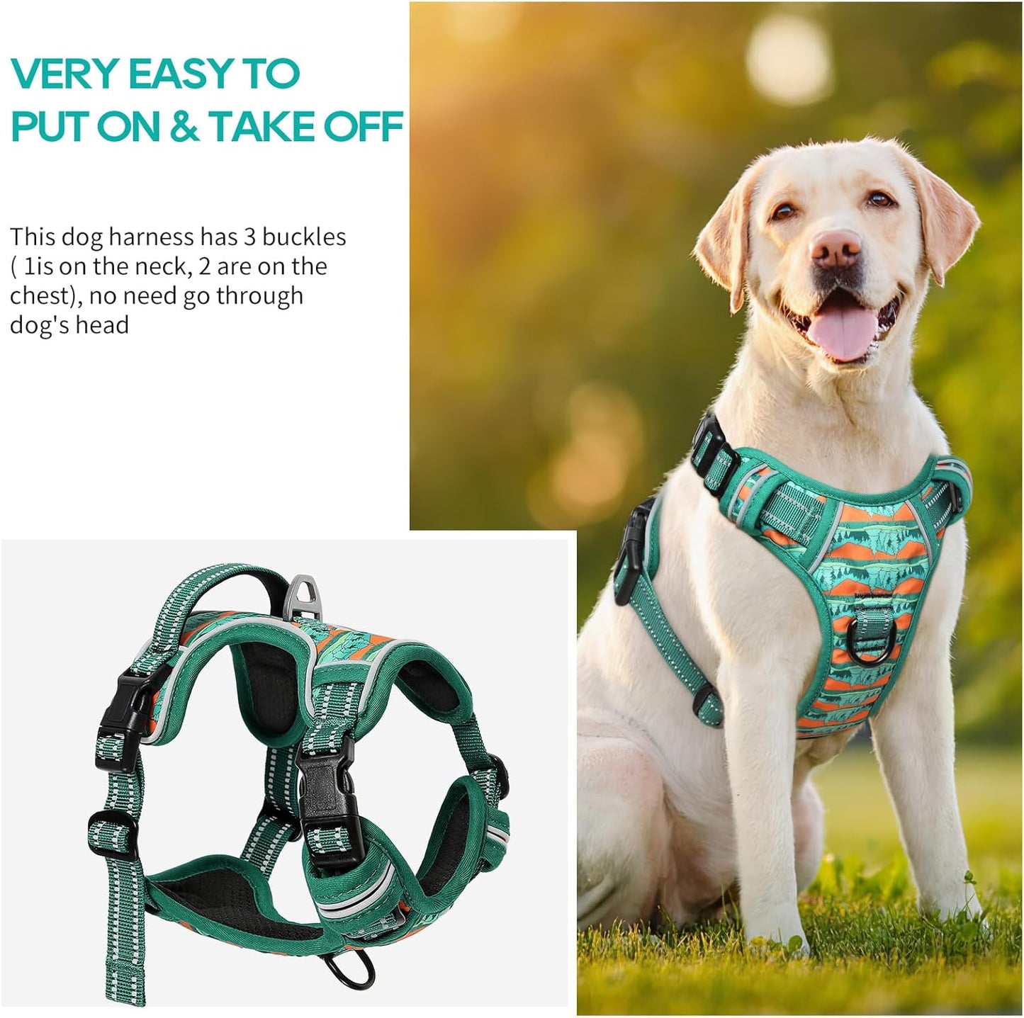 Timos No Pull Dog Harness,No Choke Front Clip Dog Reflective Harness,Adjustable Soft Padded Pet Vest with Easy Control Handle for Large Dogs,Wilderness,L