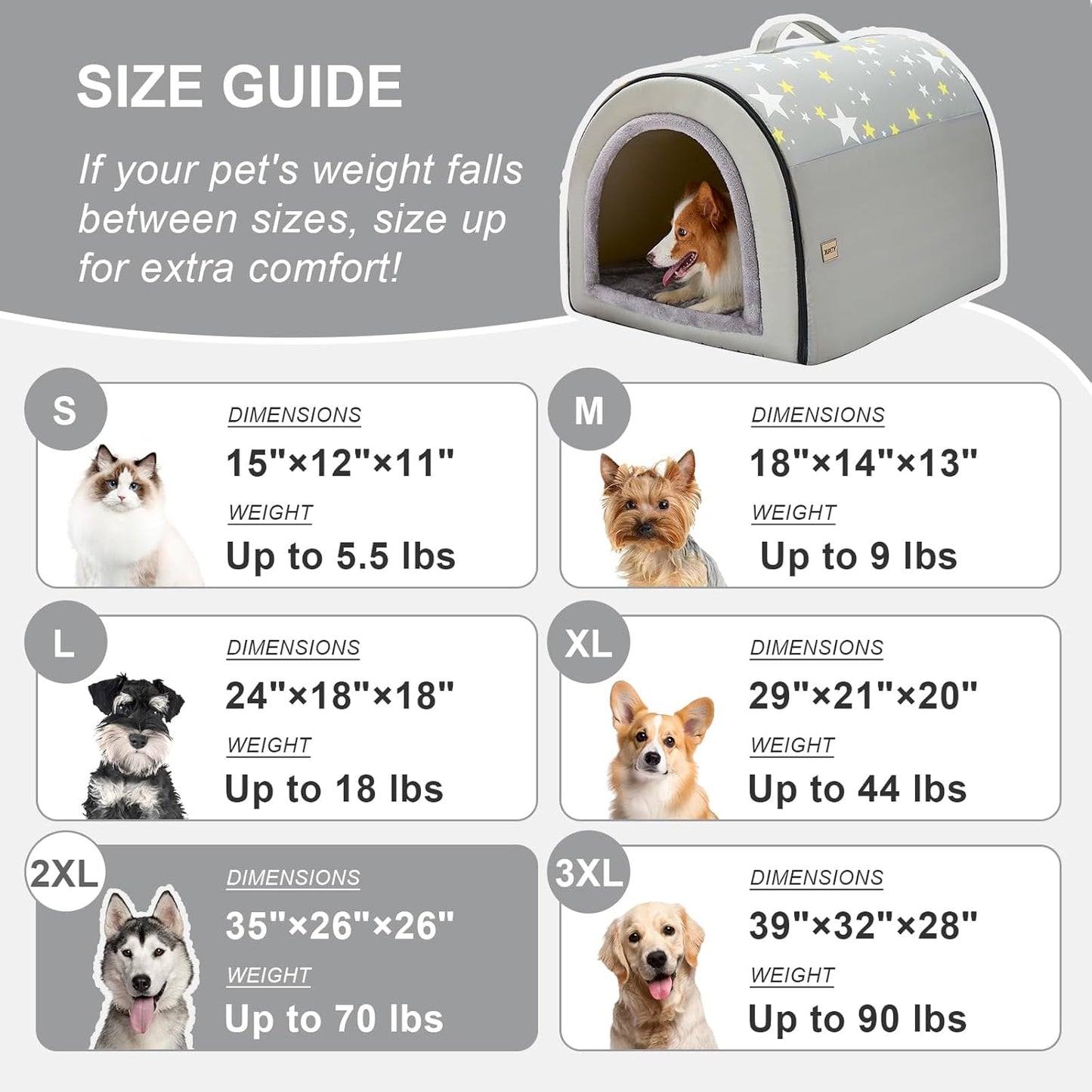 Jiupety 2 in 1 Dog House Indoor, Comfy Cave Bed Covered Dog Bed, Portable House for Medium and Large Dogs, 2XL(35"×27"×26"), Up to 70 Lb, Grey