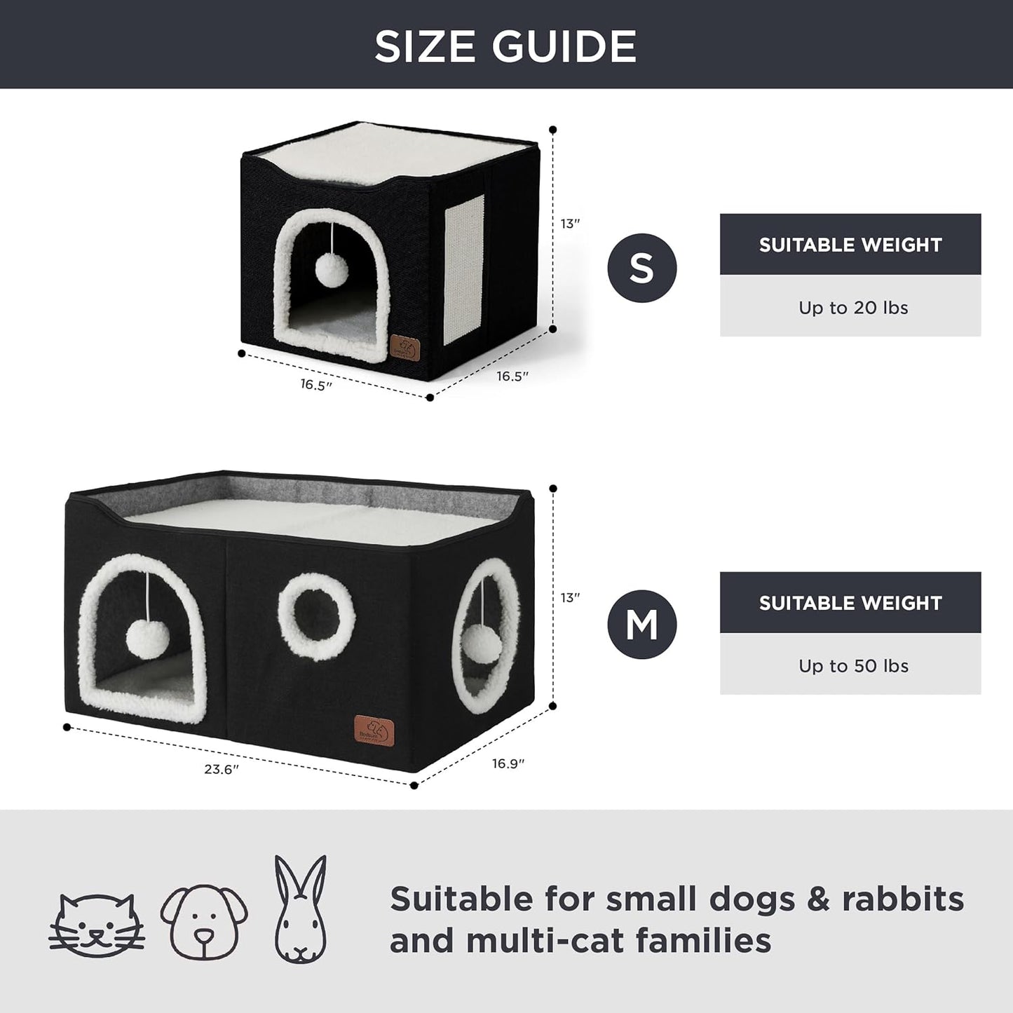 Bedsure Large Cat Beds for Indoor Cats - Extra Wide Cat Cube House for Small Pet with Fluffy Ball Hanging and Scratch Pad, Foldable Pet Cave Hideaway for Multiple Cats, 23.6x16.9x13 inches, Black