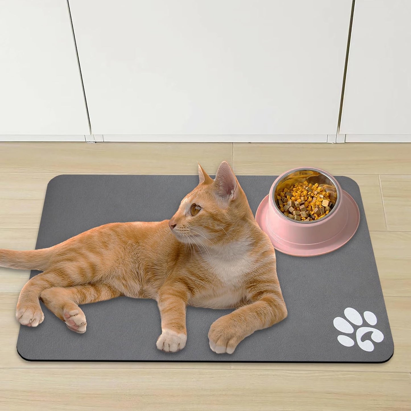 YCT Pet Cat Food Mats for Dog Food Mat, Cat Mat for Food, Pet Dog Cat Feeding Mat Eating Mat Pet Dog Cat Bowl Mats, Non-Slip Super Absorbent, with Footprints Logo,24 x 16.9 inches, Black