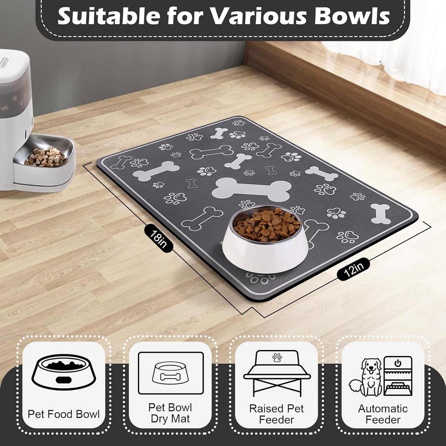 Pet Feeding Mat,Rapid Absorbent Mats for Dog Cat Food, Dog Placemat Water Bowl Mat with Rubber Backing,Messy Drinkers to Protect Floors, Pet Accessories 12"x18" Dark Grey