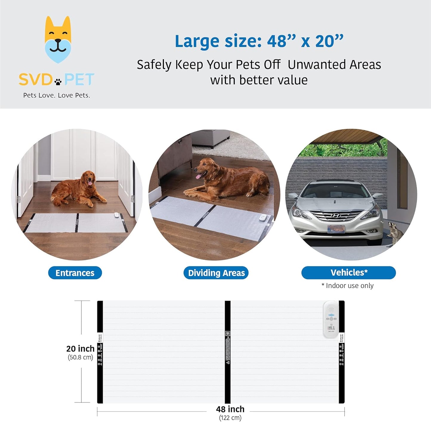 SVD.PET (2-Pack Pet Training Mat with Tester, Pet Shock Pad, Dogs & Cats Electronic Repellent mat for Indoor, 3 Training Modes, 5 Levels, Pet Safe Mode (White controler 48" X 20")