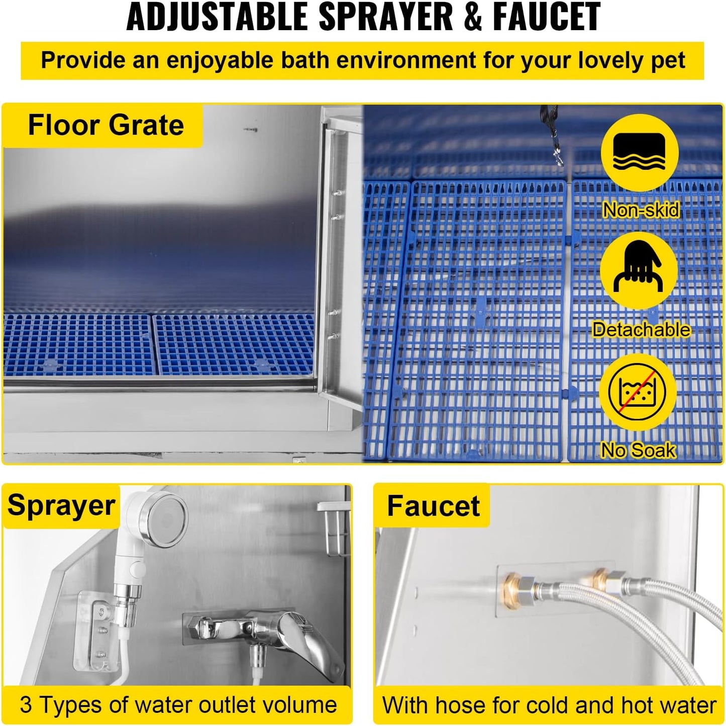 VEVOR Dog Grooming Tub, 62" L Pet Wash Station, 304 Stainless Steel Pet Grooming Tub Rated 661LBS Load Capacity, Non-Skid Dog Washing Station Comes with Ramp, Faucet, Sprayer and Drain Kit