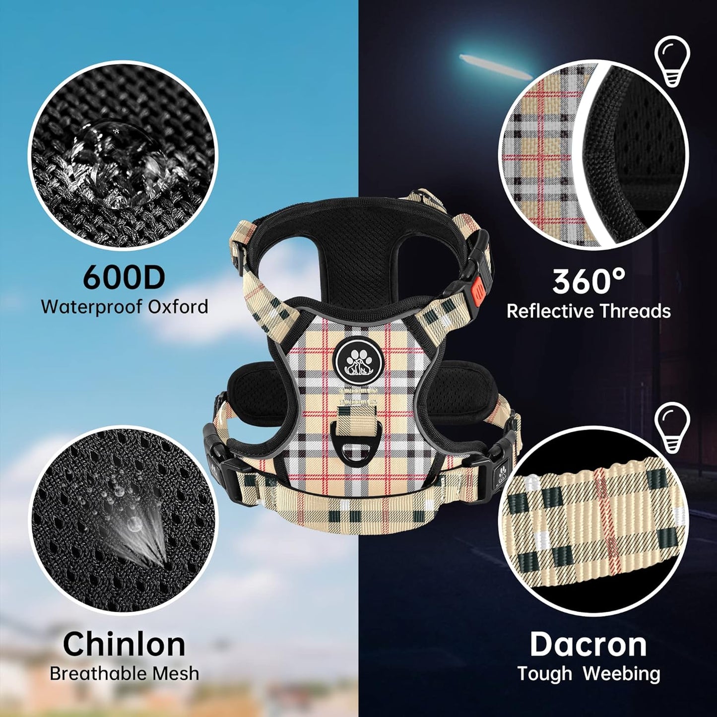 NESTROAD No Pull Dog Harness with Leash, Reflective No Choke Pet Vest Harness,Adjustable Soft Padded Dog Harness with Easy Control Handle for Small Dogs(Checkered Beige,Small)