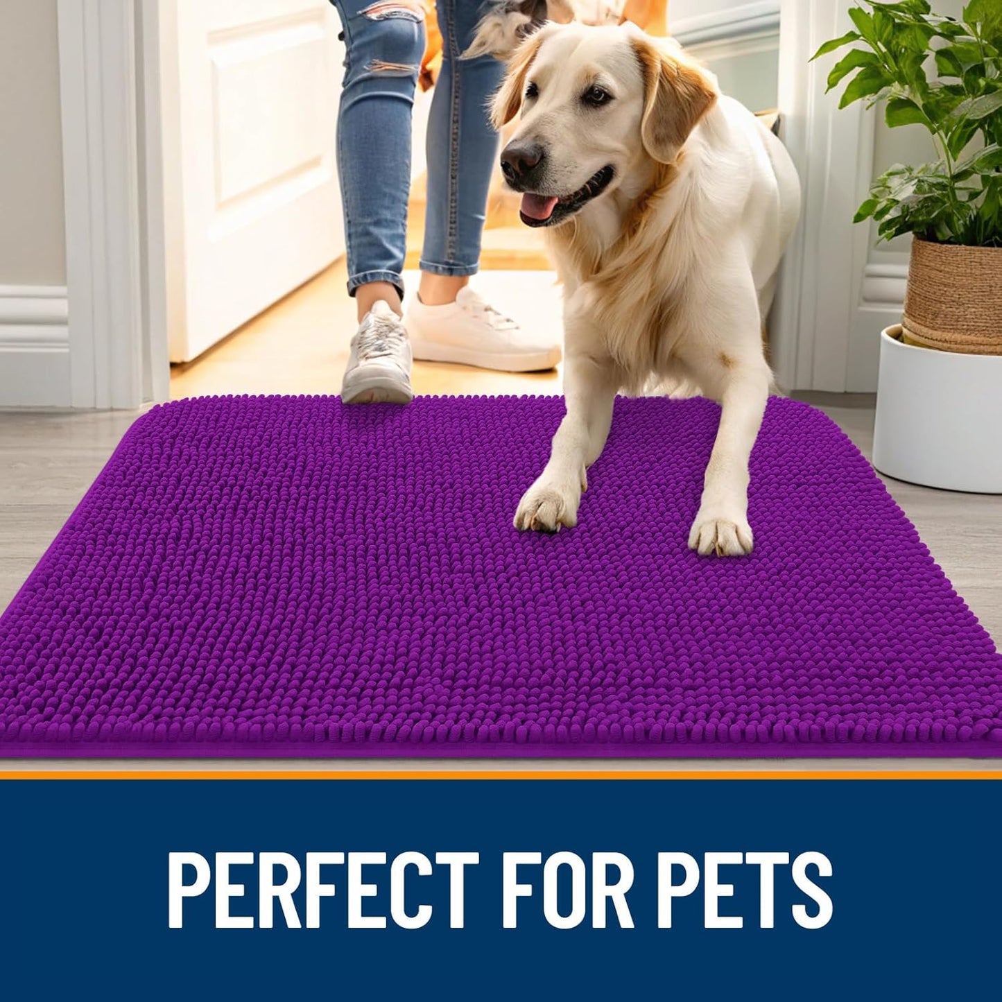 OLANLY Dog Door Mat for Muddy Paws 70x35, Absorbs Moisture and Dirt, Absorbent Non-Slip Washable Doormat, Quick Dry Chenille Mud Mat for Dogs, Entry Indoor Entryway Carpet for Inside Floor, Purple