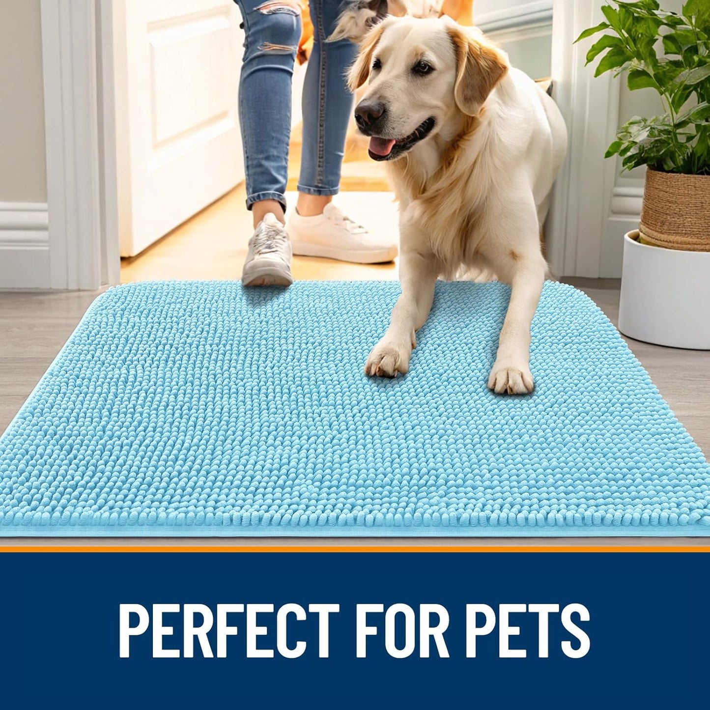 OLANLY Dog Door Mat for Muddy Paws 44x24, Absorbs Moisture and Dirt, Absorbent Non-Slip Washable Doormat, Quick Dry Chenille Mud Mat for Dogs, Entry Indoor Entryway Carpet for Inside Floor, Blue