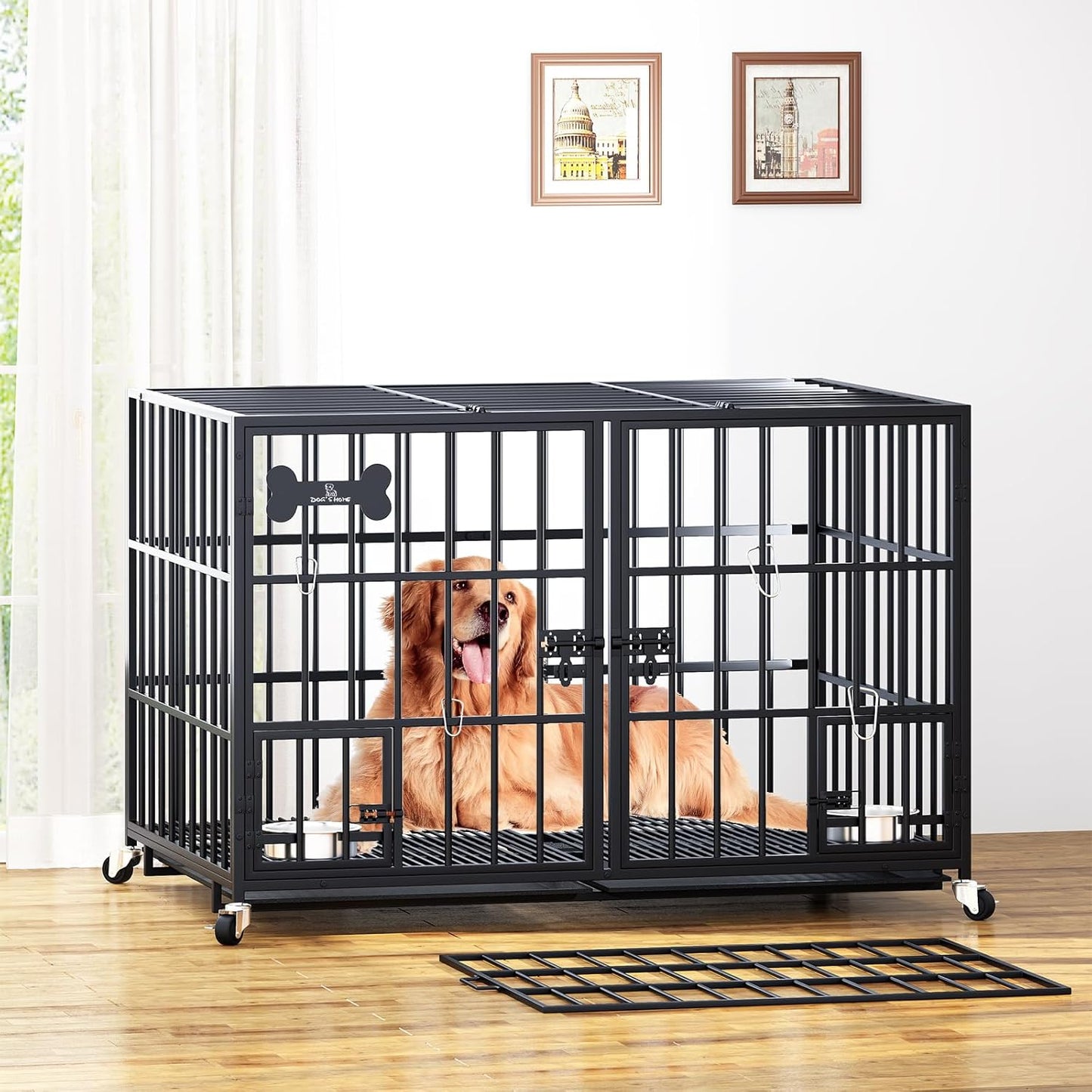 aboxoo 42/48 inch Heavy Duty Metal Dog Crate for 2 Dogs/Large Dog,All Metal Open Top Stackable,Dog Kennel Indoor with Wheels,Floor Grid, Tray, Divider and Feeding Bowl