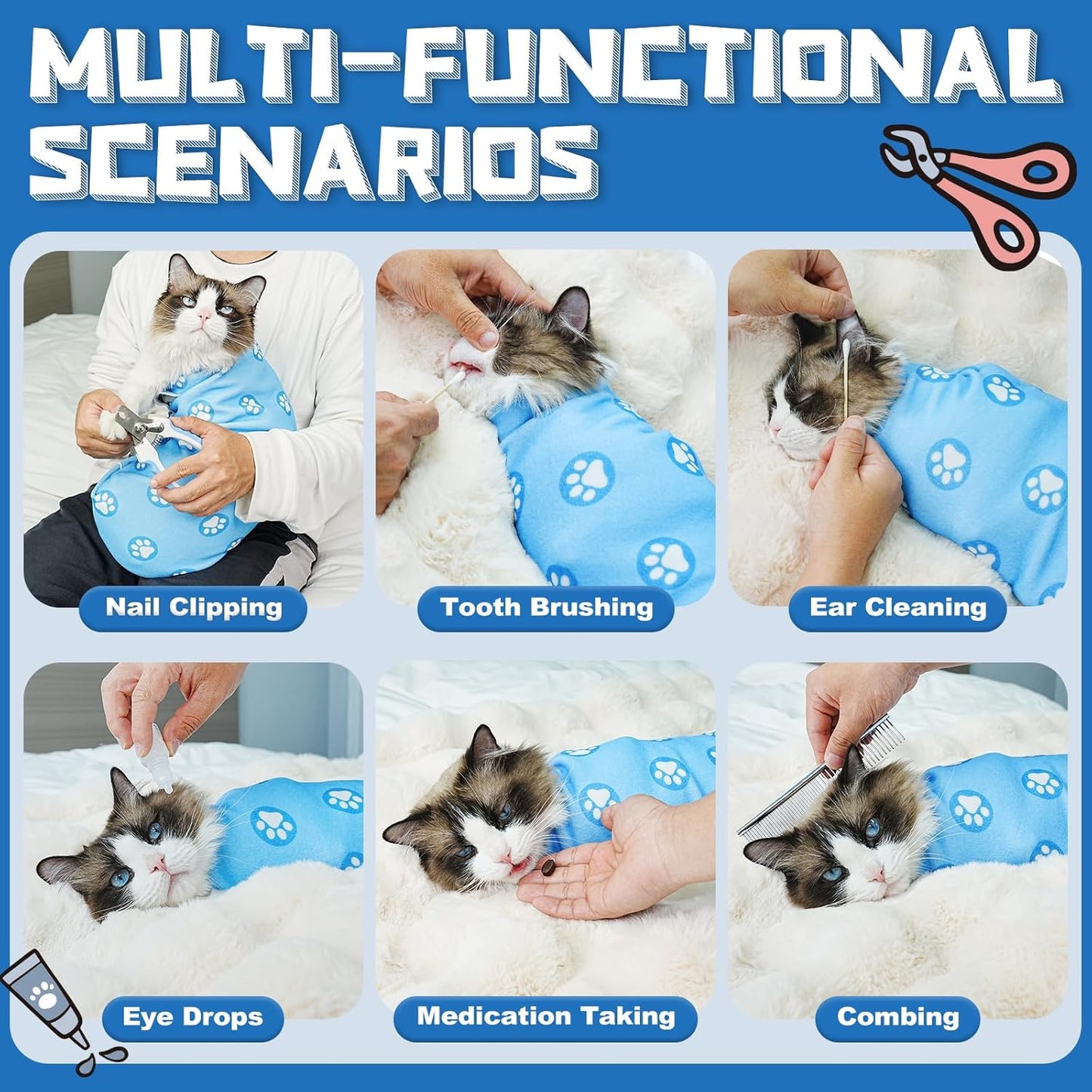 Supet Cat Wrap for Cutting Nails, Self-Adhesive Cat Grooming Wrap, Anti-Scratch Cat Wrap for Grooming, Ideal for Medicine, Nail Clipping, Teeth Brushing, Ear Cleaning