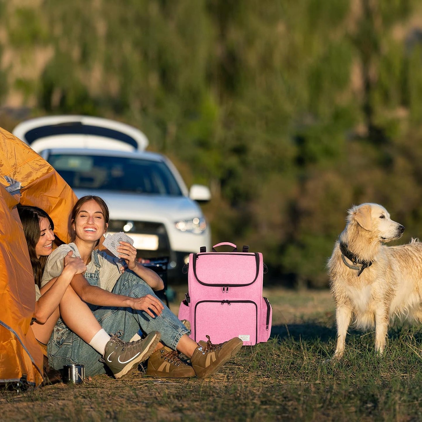 Modoker Dog Travel Bag Backpack, Airline Approved Pet Accessories Organizer for Dog and Cat with Shoulder Strap, 2 Dog Food Storage Containers, 2 Collapsible Dog Bowls,1 Pet Mat, Pink