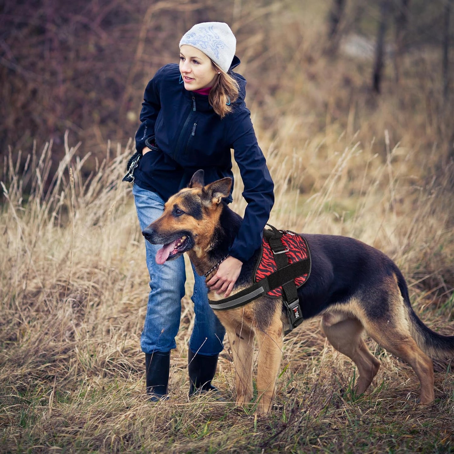 Dogline Dog Harness, Reflective No-Pull Adjustable Vest with Handle for Walking, Training, Breathable, No - Choke Harness for Small, Medium or Large Dogs Room for Patches Zebra Black/Red L 27"-34"