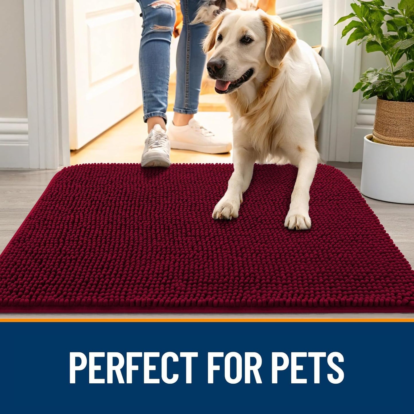 OLANLY Dog Door Mat for Muddy Paws 45x27, Absorbs Moisture and Dirt, Absorbent Non-Slip Washable Doormat, Quick Dry Chenille Mud Mat for Dogs, Entry Indoor Entryway Carpet for Inside Floor, Burgundy