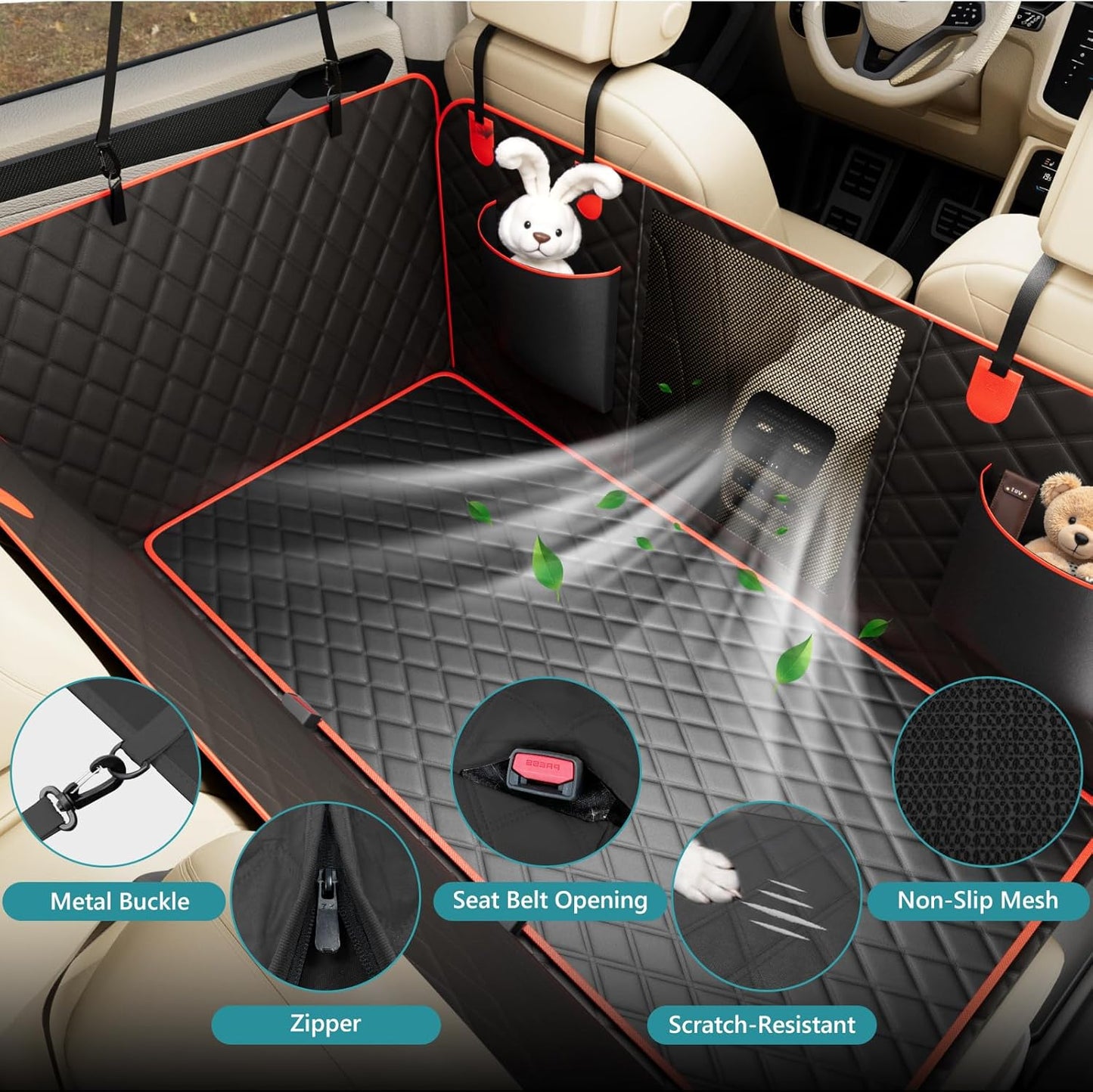 Waterproof Dog Car Seat Cover for Back Seat – Heavy Duty Back Seat Extender for Dogs with Hard Bottom, 7-Layer Protection, Non-Slip & Scratchproof, Easy to Install (Red)