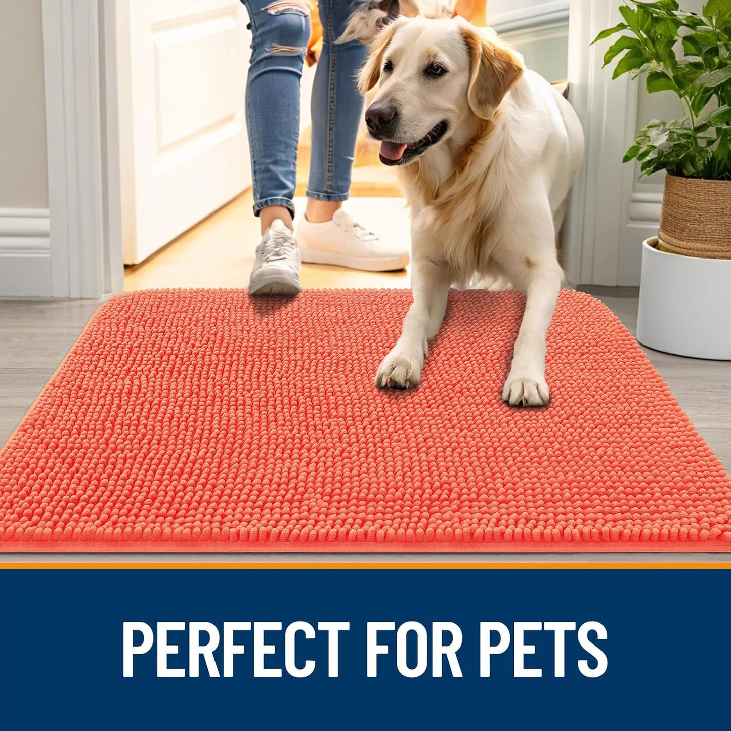 OLANLY Dog Door Mat for Muddy Paws 48x30, Absorbs Moisture and Dirt, Absorbent Non-Slip Washable Doormat, Quick Dry Chenille Mud Mat for Dogs, Entry Indoor Entryway Carpet for Inside Floor, Coral