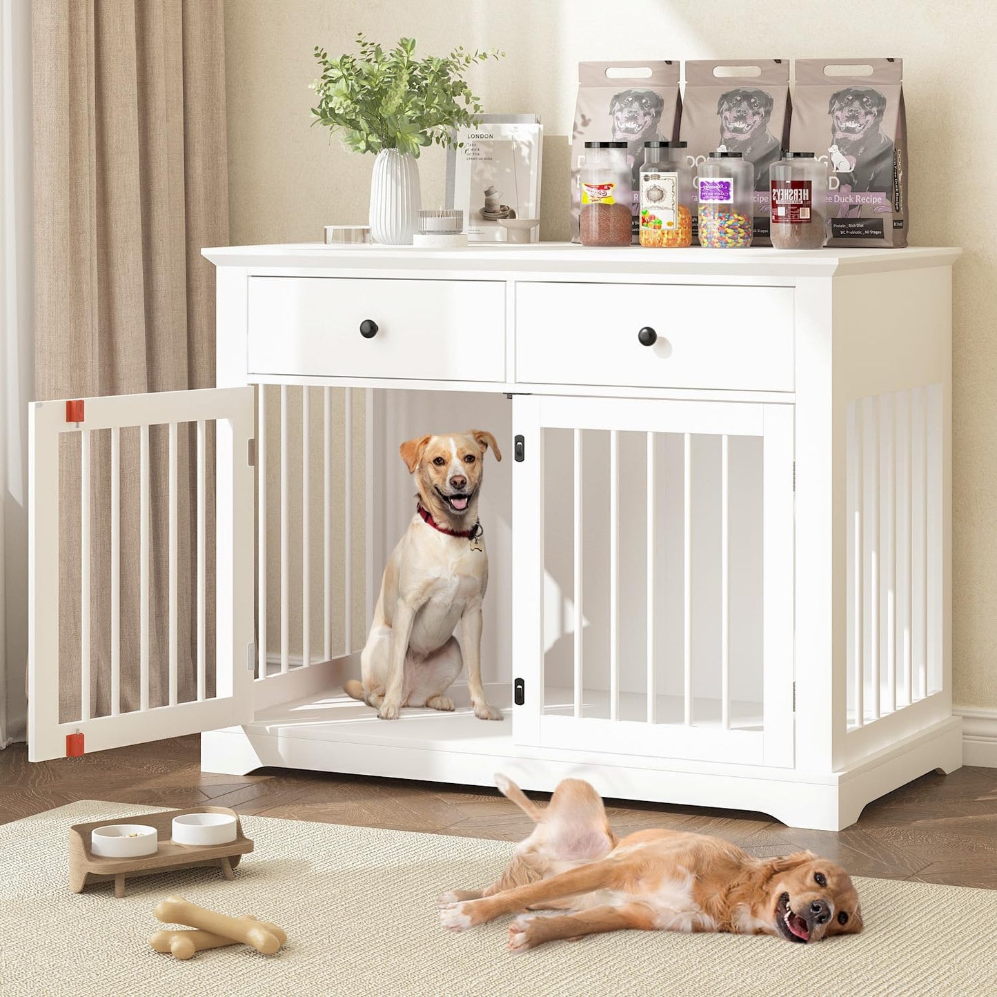 Dog Crate Furniture, 44 Inch Wooden Dog Kennel Indoor with 2 Storage Drawers, Heavy Duty Large Crate Furniture, Decorative End Table Cage Furniture for Small/Medium/Large (White)