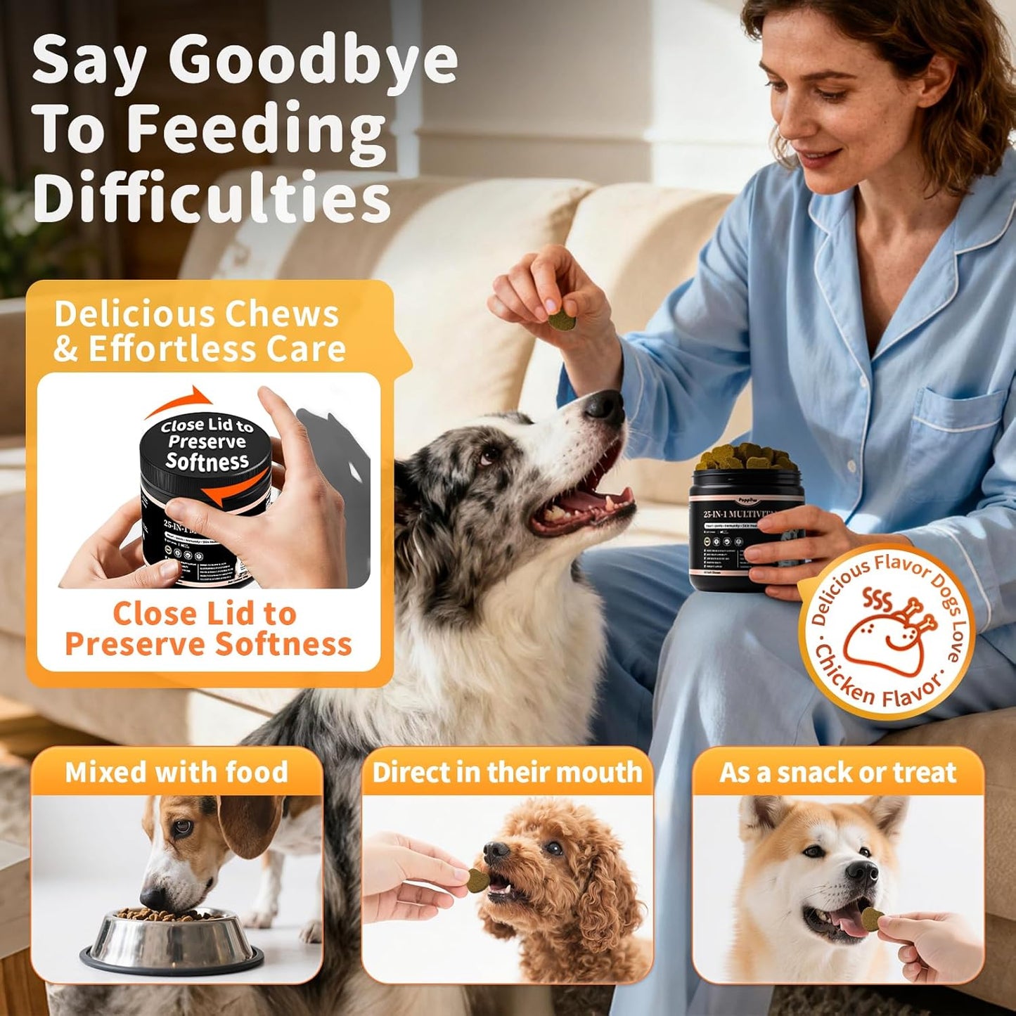 25-in-1 Dog Multivitamin Chews – All-in-One Daily Vitamins & Supplements for Dogs, Joint Support with Glucosamine MSM, Omega-3 Skin & Coat, Gut, Heart & Brain, All Breeds & Ages, Chicken, 90 Ct