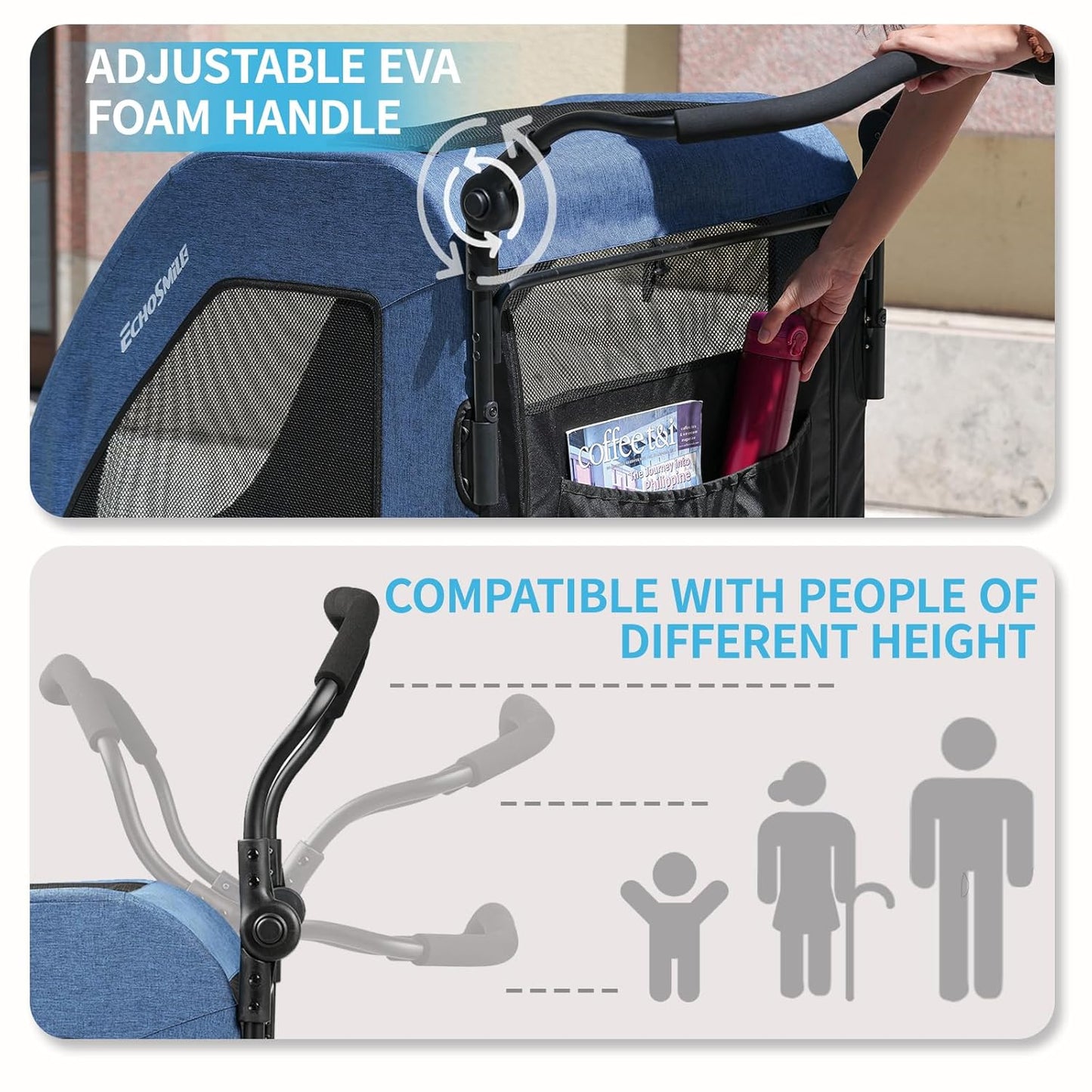 EchoSmile Heavy-Duty Large Dog Stroller with Shock-Absorbing Wheels, Foldable Pet Travel Carrier for Medium & Large Dogs, 5 Mesh Windows, 160 lbs Capacity, Easy Assembly & Storage