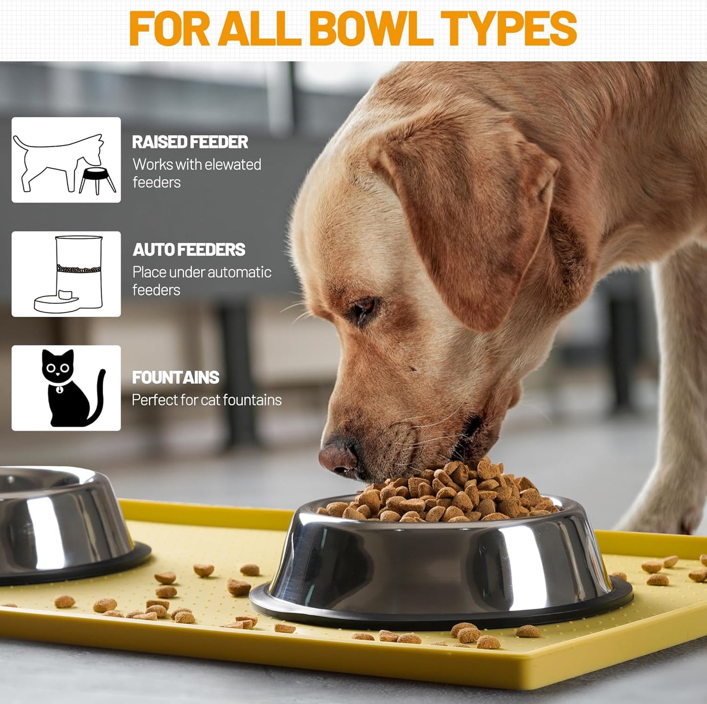 Hubulk Dog Feeding Mat,100% Waterproof Food Grade Silicone Pet Food and Water Bowl Placemat,Dishwasher, High Raised Edge to Prevent Spills,Nonslip Tray to Stop Messes on Floor(28"x18"x0.8", Yellow)