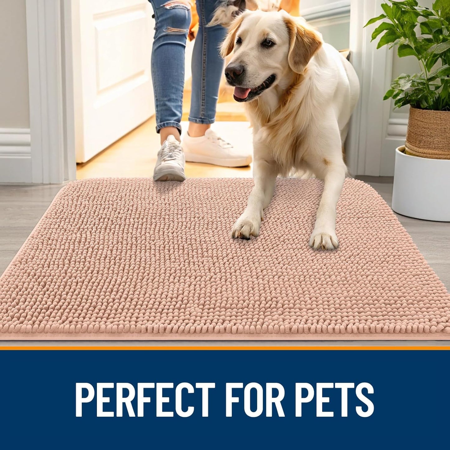 OLANLY Dog Door Mat for Muddy Paws 47x20, Absorbs Moisture and Dirt, Absorbent Non-Slip Washable Doormat, Quick Dry Chenille Mud Mat for Dogs, Entry Indoor Entryway Carpet for Inside Floor, Peach