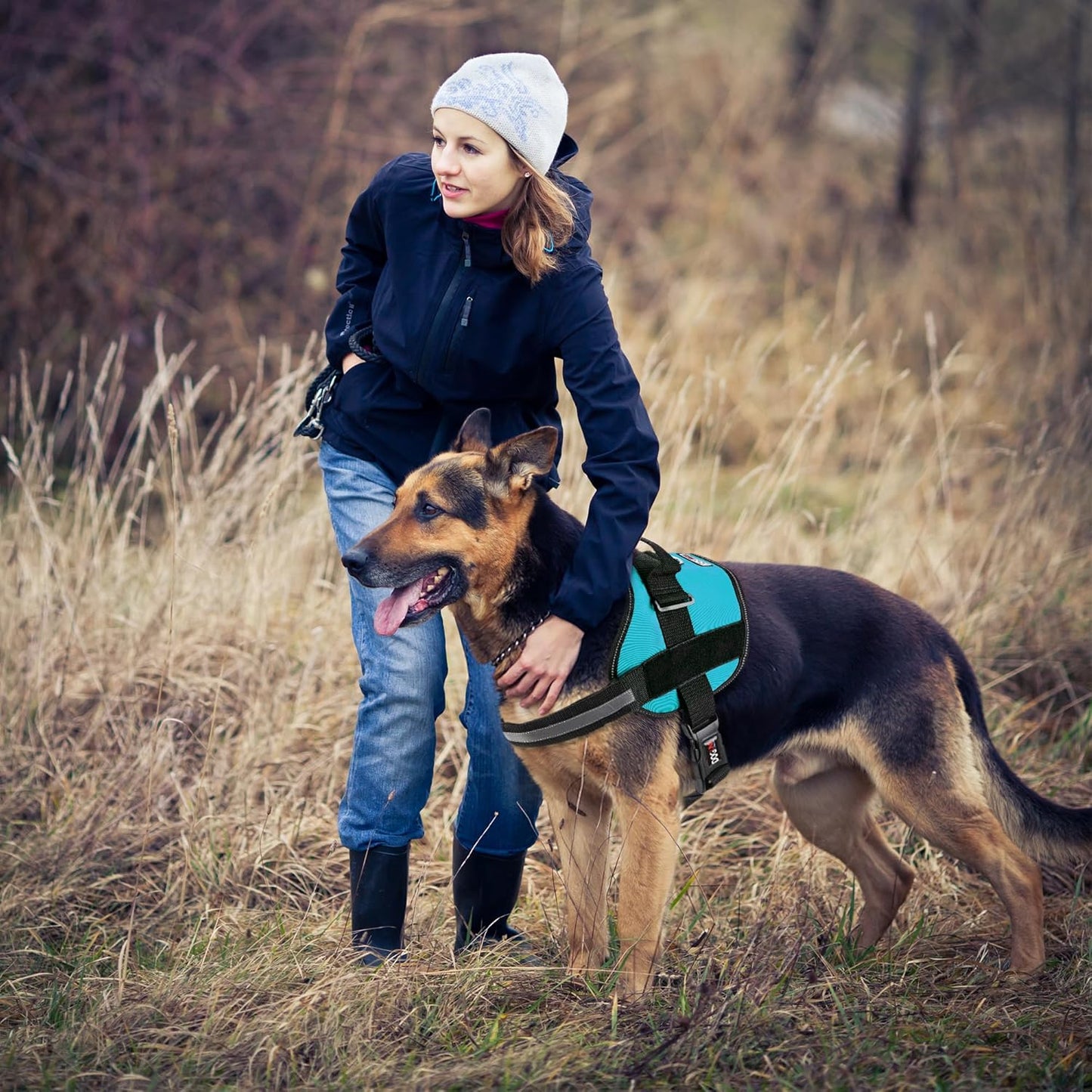 Dogline Dog Harness, Reflective No-Pull Adjustable Vest with Handle for Walking, Training, Breathable, No - Choke Harness for Small, Medium or Large Dogs Room for Patches Girth 15 to 18 in Turquoise