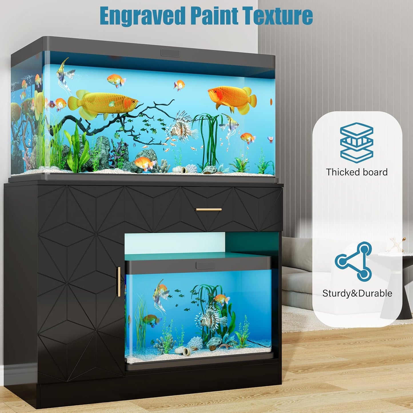 Heavy-Duty 40 Gallon Aquarium Stand, Modern Dual Tank Cabinet with Hidden Cord Organizer & 550lbs Capacity, 30-50 Gallon Fish Tank Stand, Waterproof and Adjustable Shelf, Black