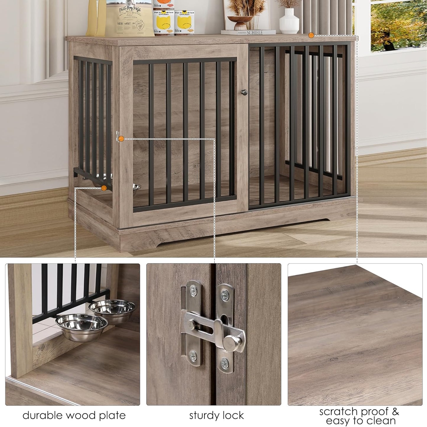 Dog Crate Furniture 47” Large Dog Kennel for Dogs Indoor, Heavy Duty Dog Cage with Sliding Door and 2 SUS Bowls Wooden End Table in Living Room for Small Medium Large Dogs, Rustic