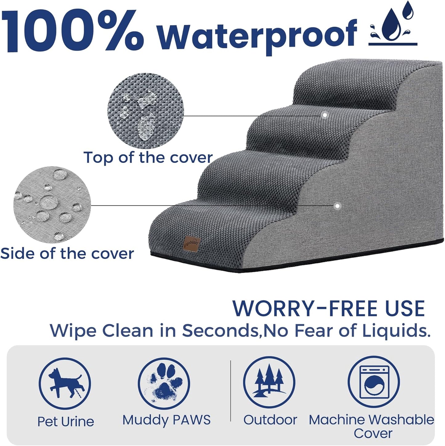 GoGoBunny Waterproof High Density Foam Curved Dog Stairs for High Beds Couches 19.7" H, 4-Step Ramp Dog Steps Friendly to Small Medium Dogs or Pets Joints, Non-Slip Balanced Durable Pet Step, Grey