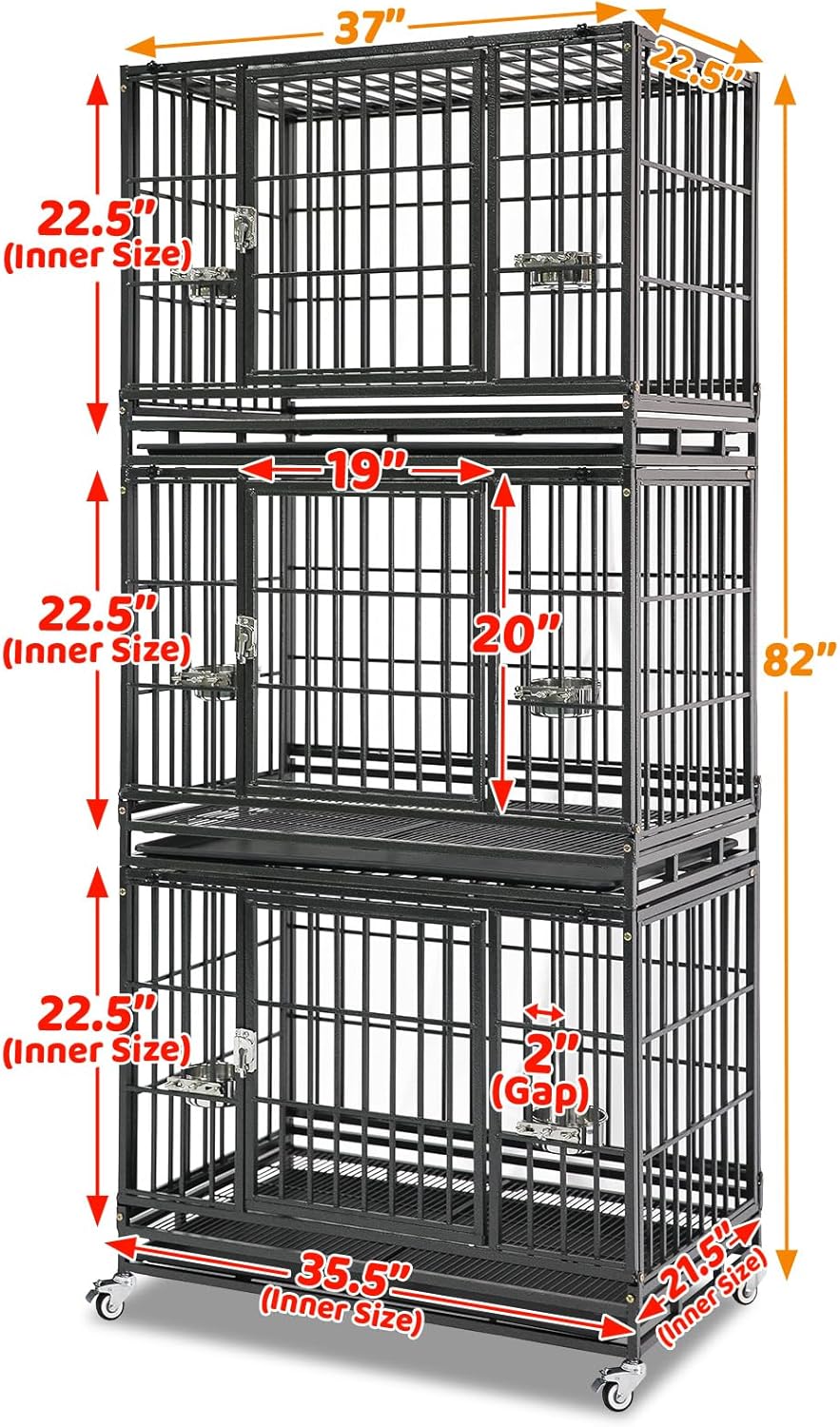 Homey Pet 37 Inch Heavy Duty Dog Crate Indestructible, Collapsible Dog Cage with Lockable Wheels, Removable Tray, High Anxiety Dog Kennel Indoor, Three Tiers Stackable Dog Crates for Medium Dogs