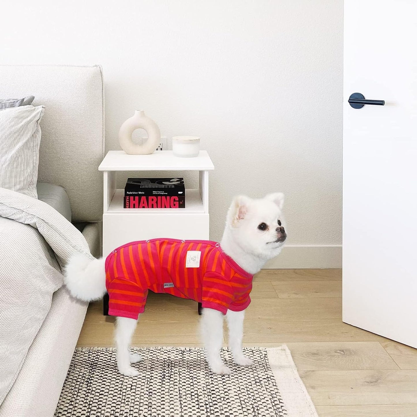 TONY HOBY Dog Pajamas, Female/Male Dog 4 Legged Pajamas, Soft Cotton Dogs Jumpsuit with Stripes (Rose Red&Orange, Girl, M)