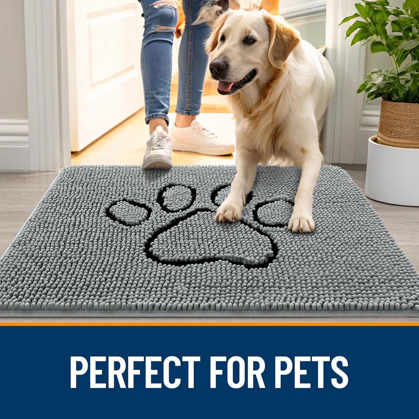 OLANLY Door Mat for Muddy Dog Paws 59x24, Ultra Absorbent Chenille Mud Doormat with Paw Print Design, Non-Slip Washable Doormat for Indoor Entryway, Quick-Dry Pet Bed Mats for Dirty Dogs, Grey