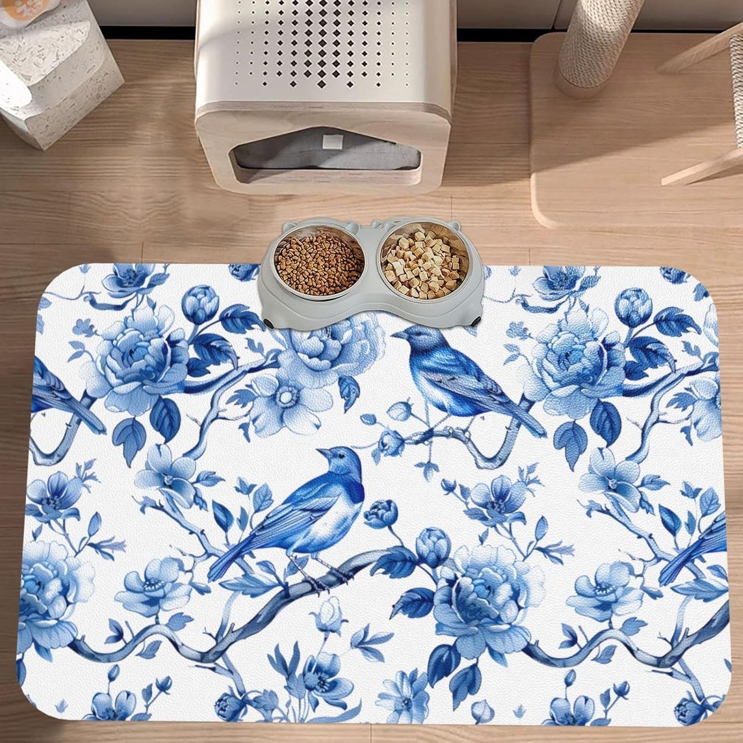 Chinoiserie Floral Birds Dog Food Mat Absorbent Bowl Mats No Stains Quick Dry Waterproof Pet Cat Placemats for Food and Water, 30x45cm