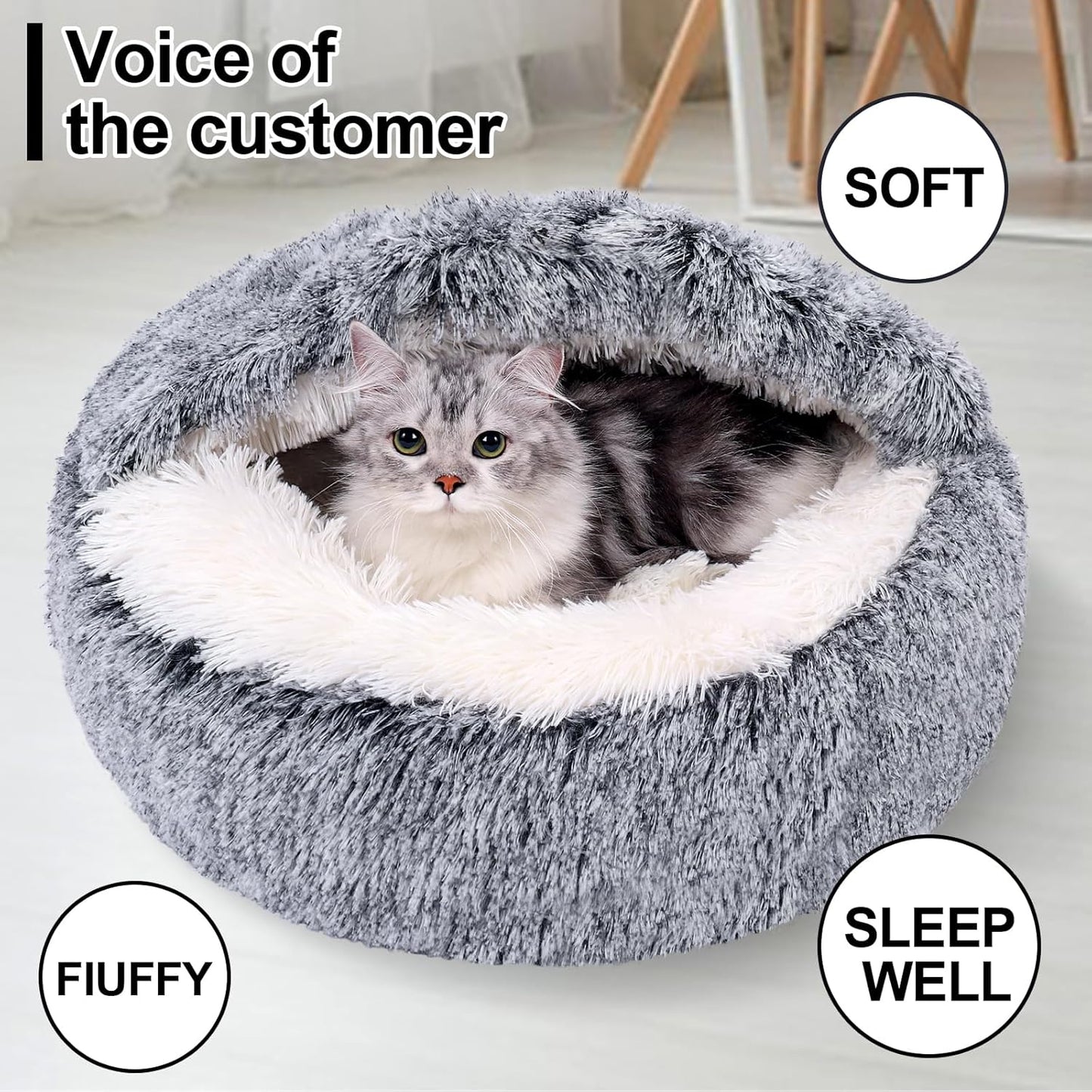 MADDEMCUTE Calming Dog & Cat Cave Bed With Hooded Cover, Removable Washable Round for Small Medium Pets, Anti-Slip Faux Fur Fluffy Coved for Improved Sleep, Fits up to 15/25 lbs (Grey, S)