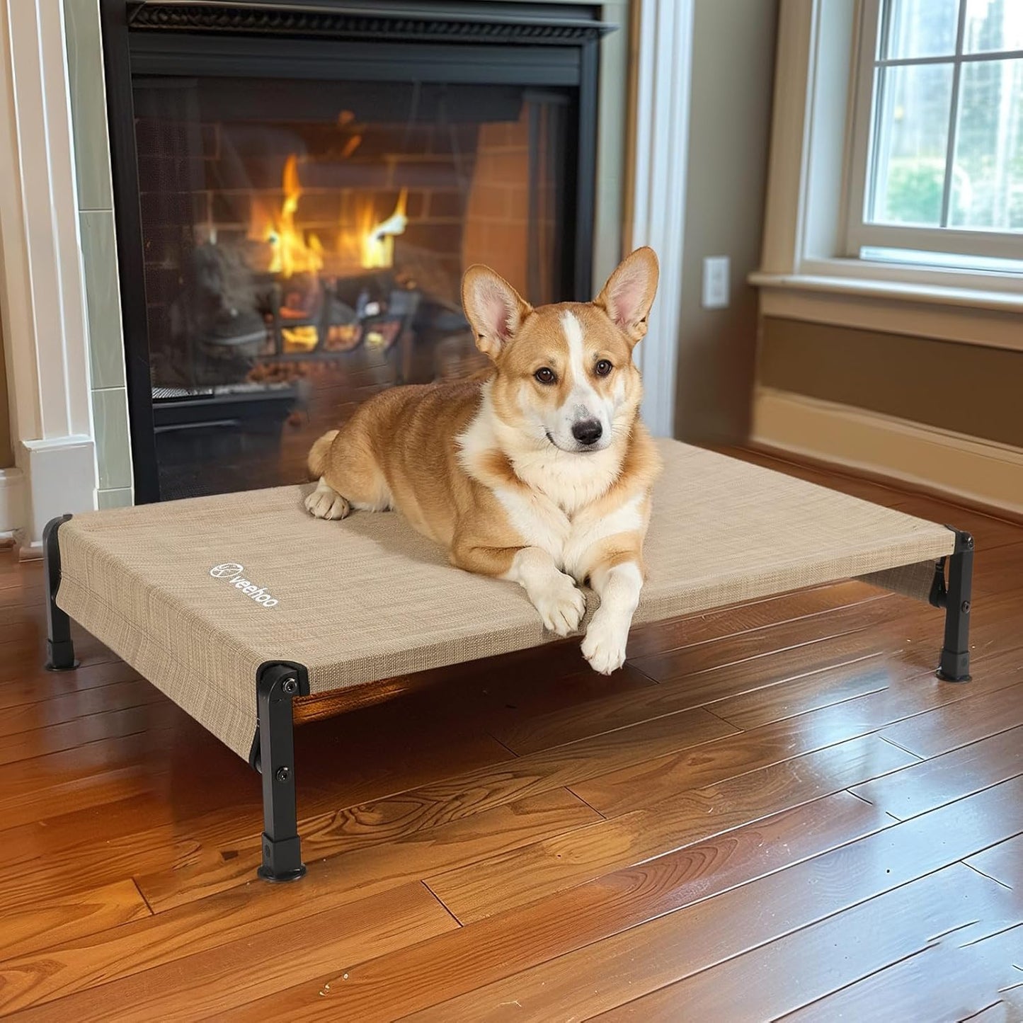 Veehoo Cooling Outdoor Dog Bed, Heavy Duty Elevated Pet Bed with Washable & Breathable Teslin Mesh, Non-Slip Silicon Feet, Dog Cot Bed with Support Hem, 35" x 22", Beige Coffee, CWC2433
