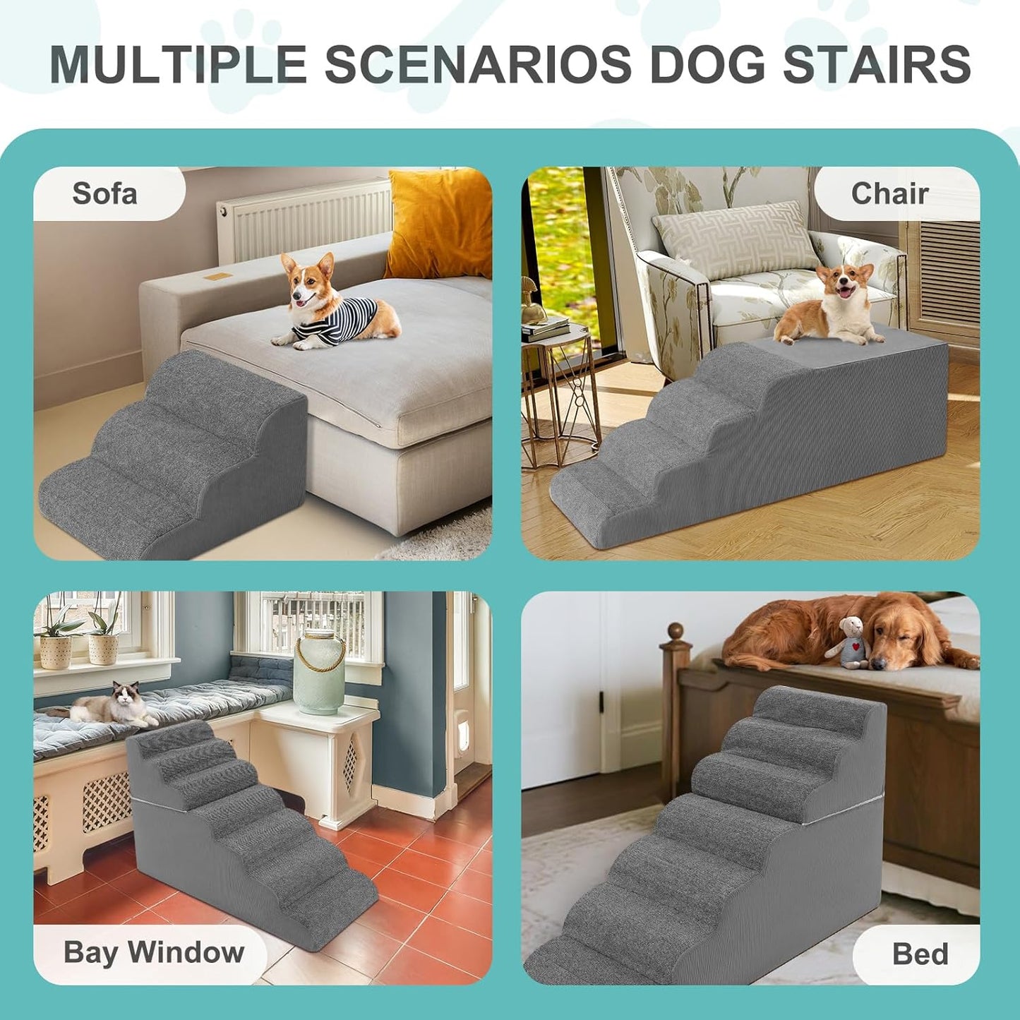 6-Step Dog Stairs for High Bed - 25.5" Adjustable Dog Ramps for Couch, Non-Slip Sturdy Pet Steps for Small Dogs, Washable Cover, Removable Modular Design, Dual 11” & 14.5” Steps for Custom Height