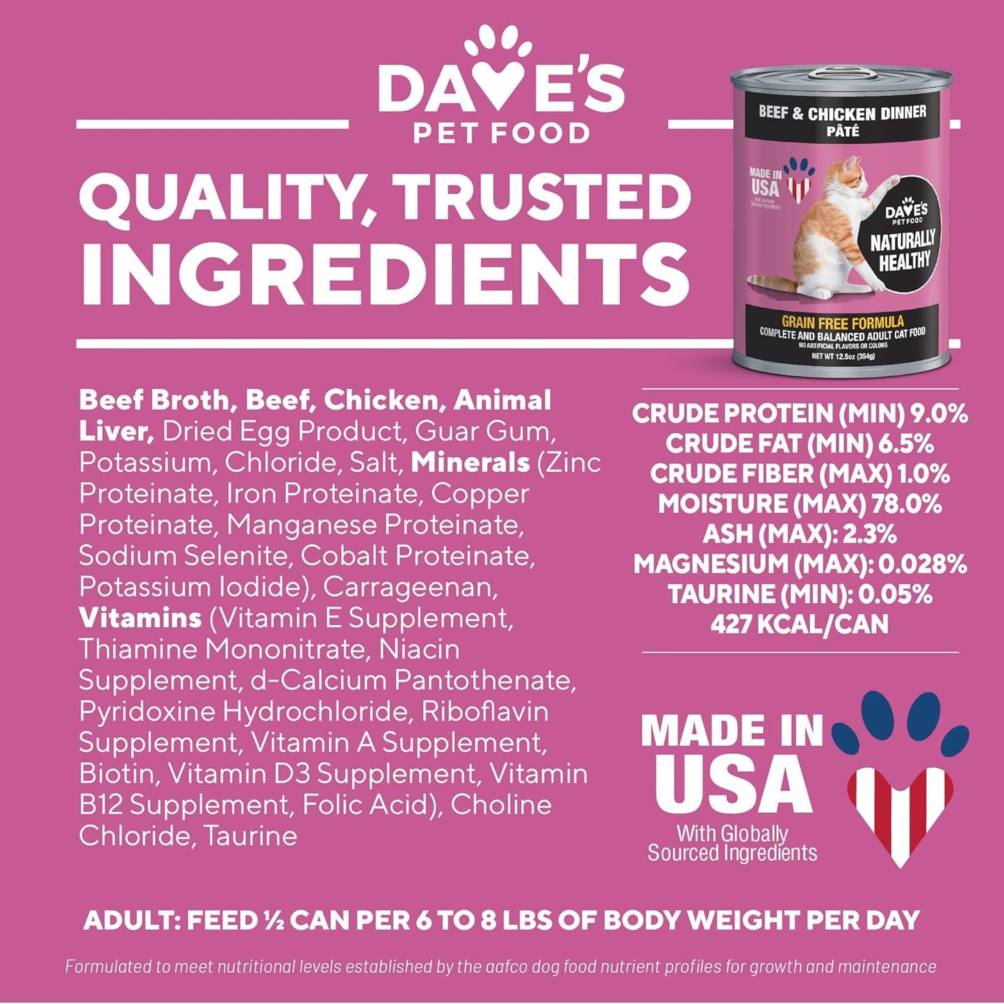 Dave's Pet Food Grain Free Wet Cat Food Pate (Beef & Chicken), Made in USA Naturally Healthy Canned, 12.5 oz Cans (12 Pack)