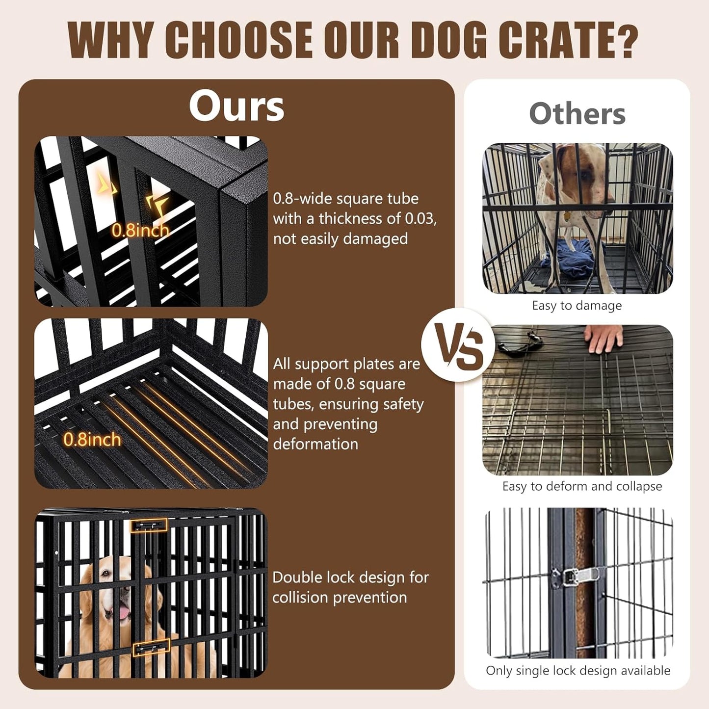 48 Inch Heavy Duty Dog Crate Kennel with Wheels, High Anxiety Indestructible Dog Crates for Large Dogs, XL XXL Extra Large Dog Crate with Removable Plastic Tray, Two Locks (Black, Square)