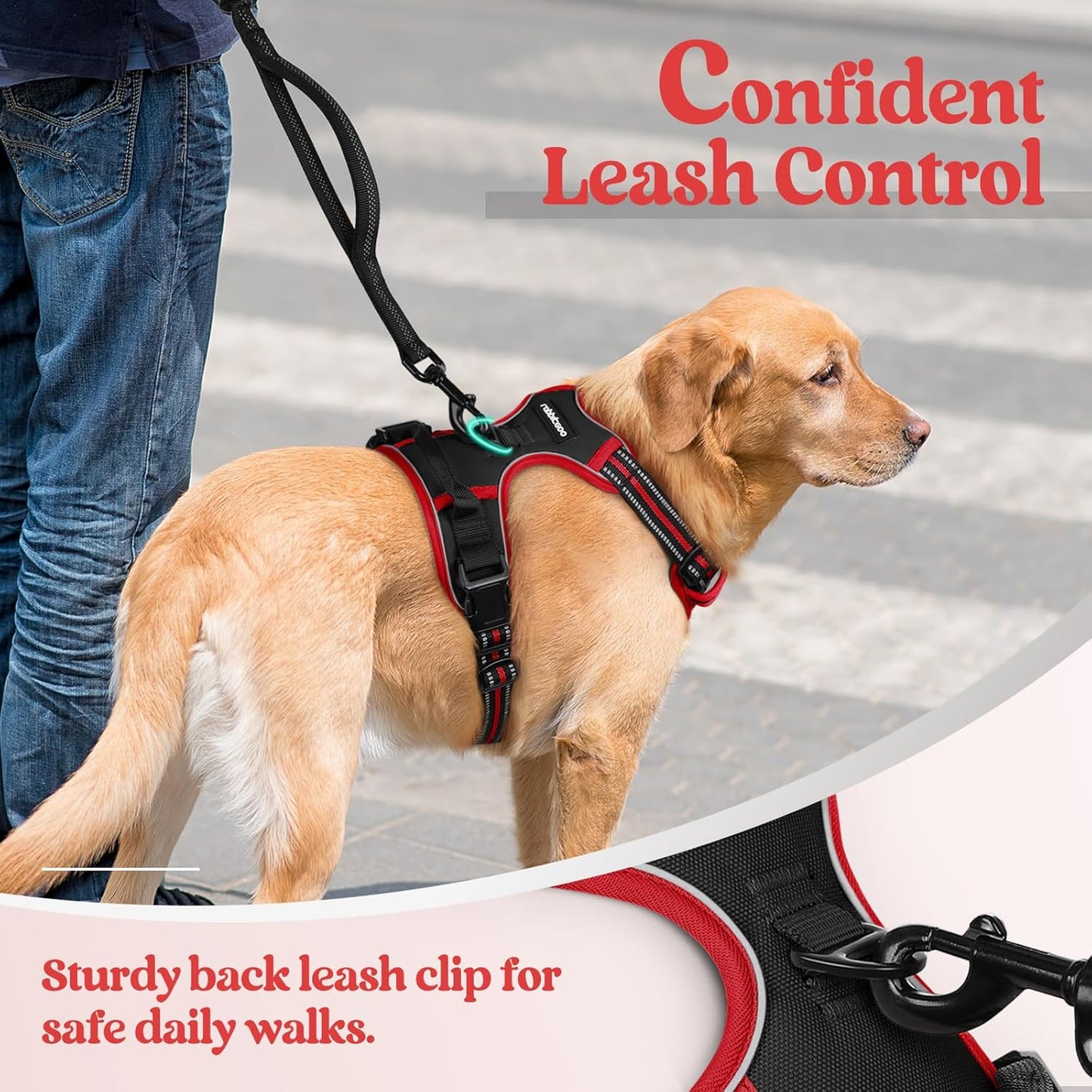 rabbitgoo Dog Harness No Pull with 2 Leash Clips, Adjustable Soft Padded, Reflective Oxford No Choke Pet Vest with Easy Control Handle for Large Dogs, Black & Red, L