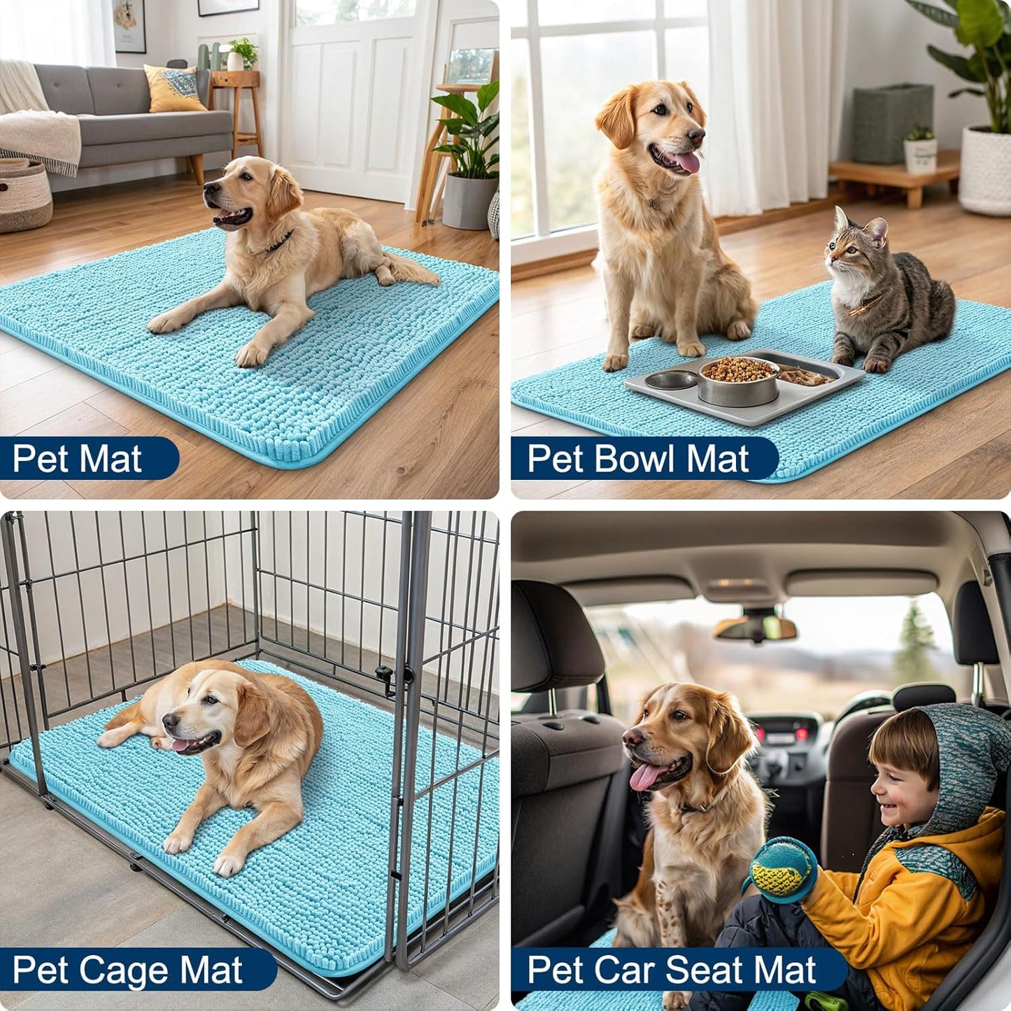 Smiry Dog Door Mat for Muddy Paws 36x24, Absorbs Moisture and Dirt Doormat, Non-Slip Washable Quick Dry Chenille Front Door Mat Indoor Entrance, Entryway Carpet for Inside Floor, Sky Blue