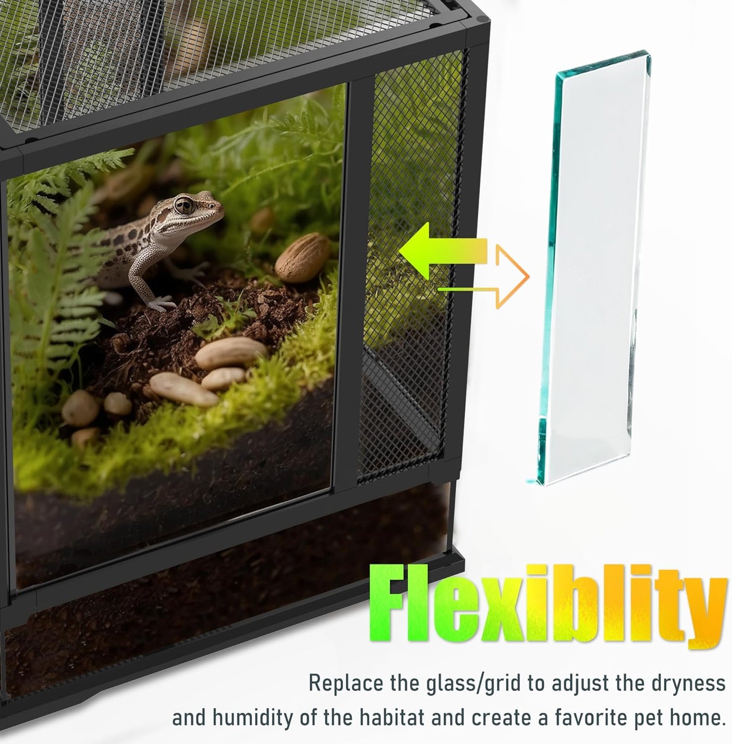 36’’18’’18’’ Reptile Terrarium with Full View Tempered Glass, 48 Gallon Reptiles Habitat Comes with Feeding Port and Mesh Top Vent, Suitable for Reptile Such as Bearded Dragon, Lizard and Snake