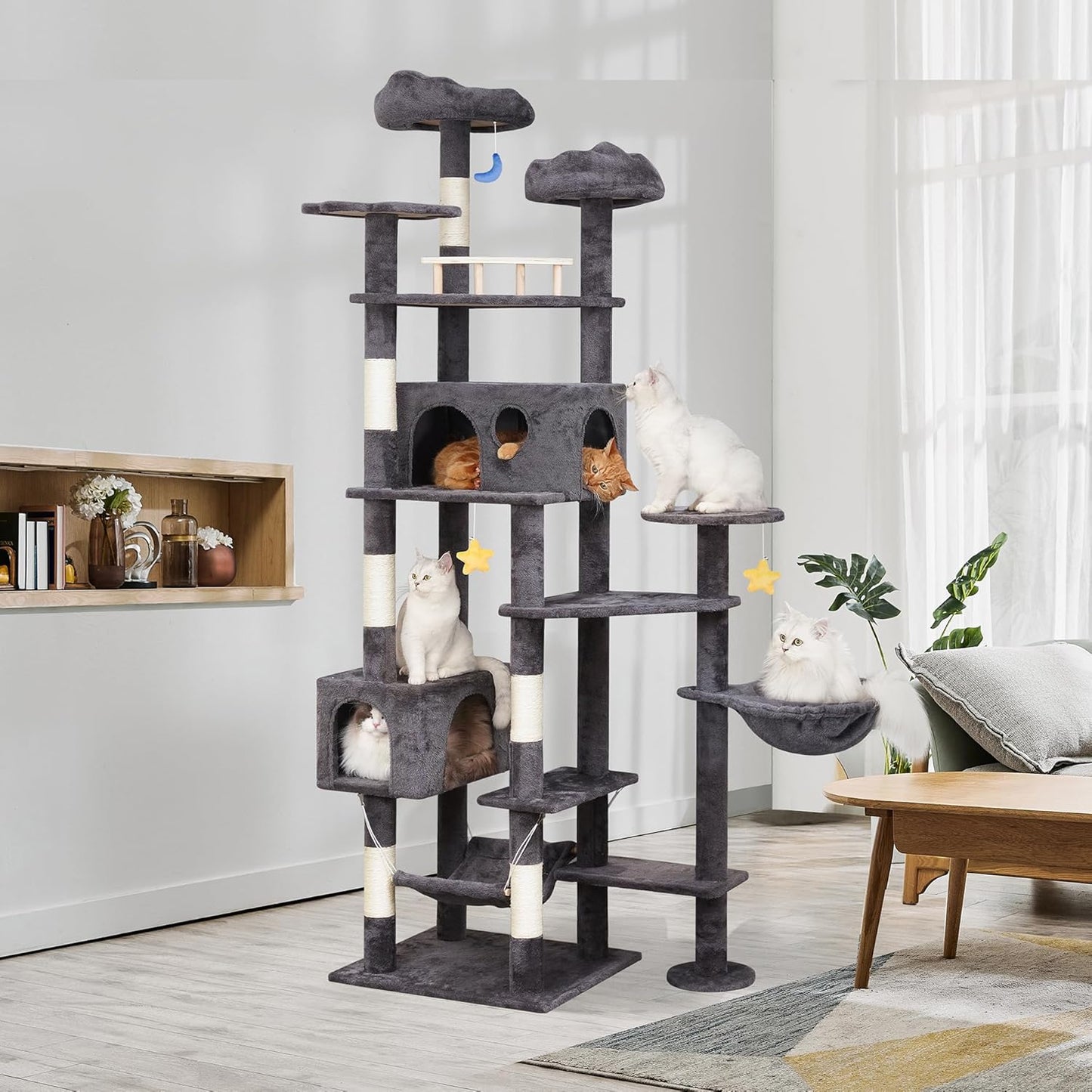 85in Giant Cat Tree for Heavy Duty Big Cats, Large Cat Trees with Scratching Post, Cat Tree Tower with Cat Condos, Hammock & Plush Perch for Maine Coon, Smoky Gray