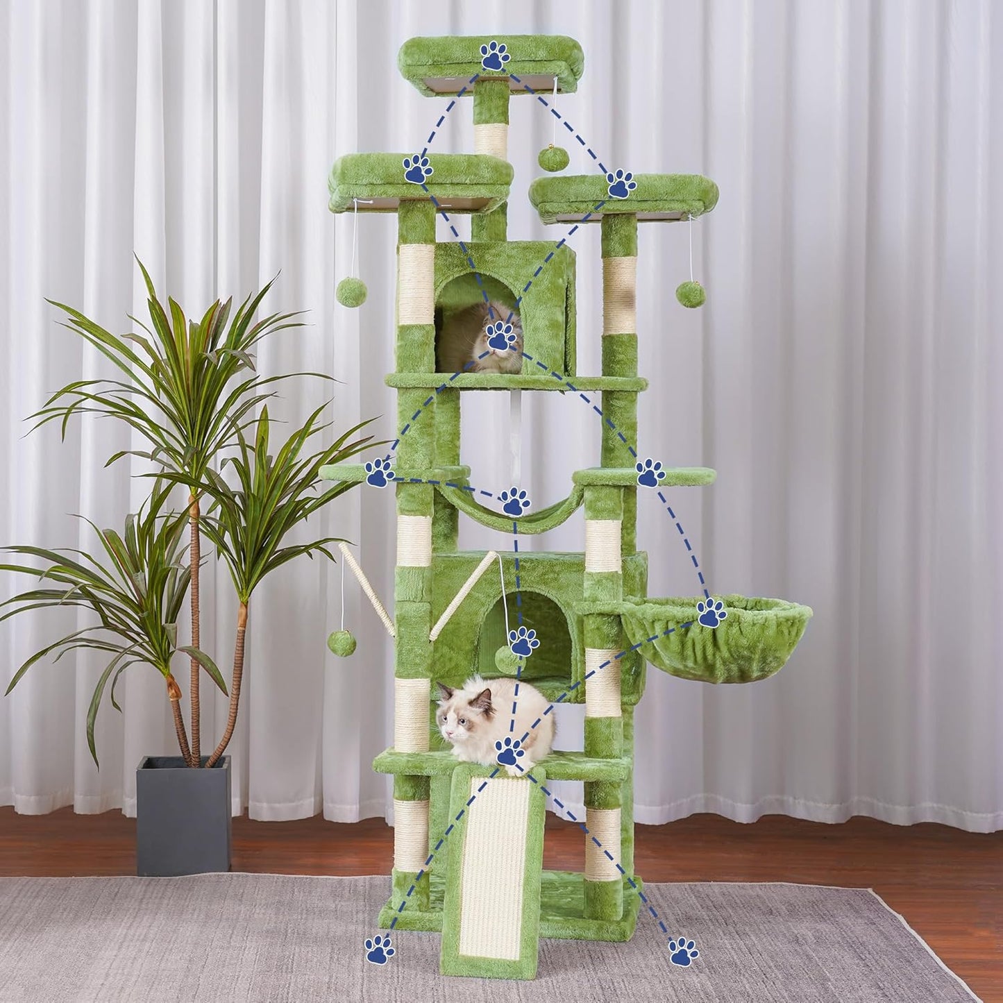 Hey-brother Cat Tree, 71 inches XL Large Cat Tower for Indoor Cats, Multi-Level Cat House with 3 Padded Perches, Big Scratcher, Cozy Basket, 2 Cat Condos and Scratching Posts, Green MPJ034GR