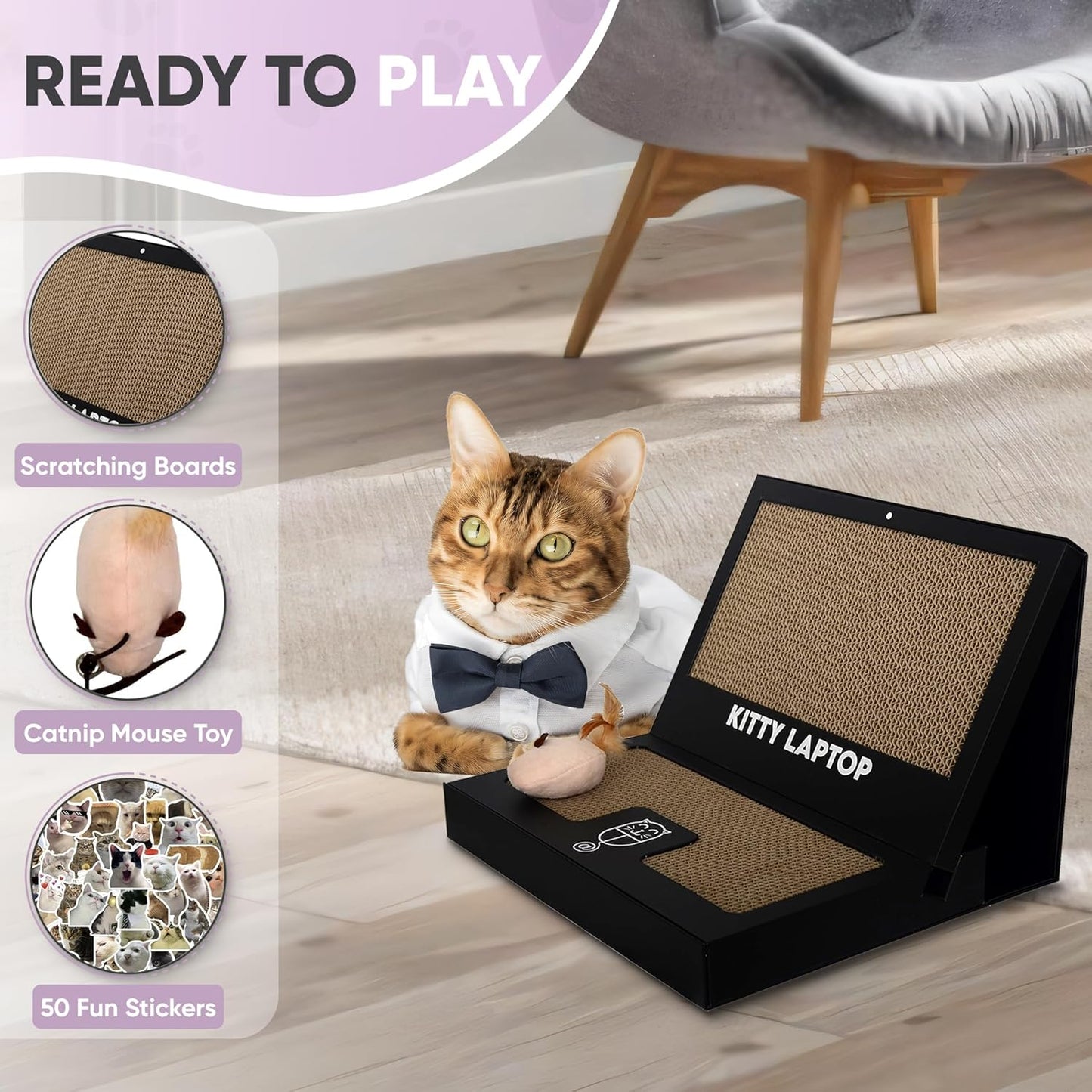 Toy Cat Laptop with 2 Scratchboards + Catnip Mouse Toy for Cats + 50pack Cat Sticker - Interactive Eco-Friendly Cat Computer with Scratch Pad Laptop for Cats - Mini Cat Laptop