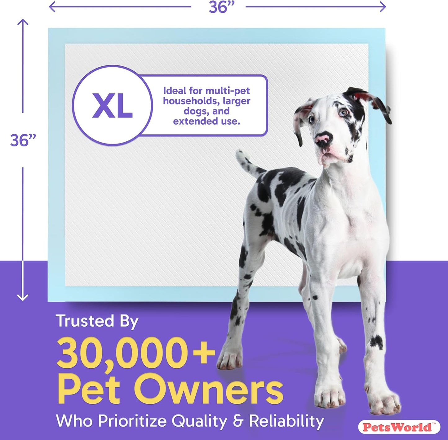 PETSWORLD Giant Dog Potty Pads, Odor-Eliminating, 36" x 36", Ultra Absorbent 5-Layer Leak-Proof Training Pads for Dogs & Cats (36x36, 140 Count)