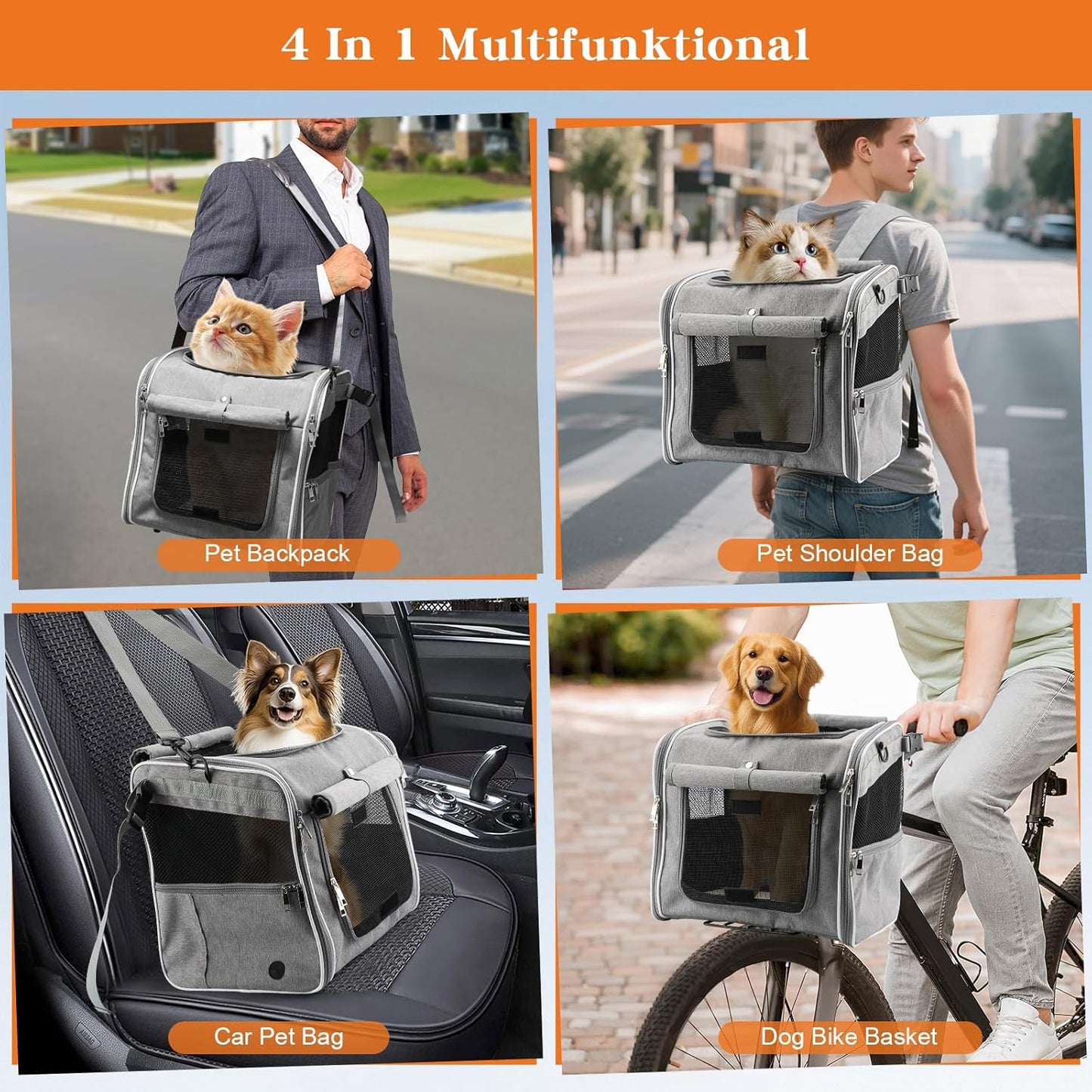 Xixter Dog Basket for Bike, Suitable for Small & Medium Pet Up to 7 kg, Foldable 4-in-1 Pet Bike Basket, Crossbody, Shoulder and Car Seat, with Sturdy Bracket and 4 Mesh Windows, Gray