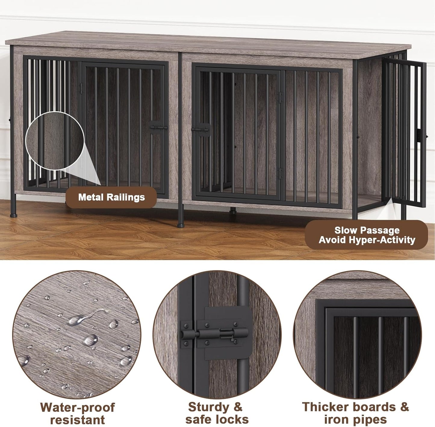 EasyCom 63" Dog Cage Furniture for 2 Pets with Divider, XL Wooden Double Dog Crate Furniture TV Stand for Mideum Breed, Durable and Sturdy