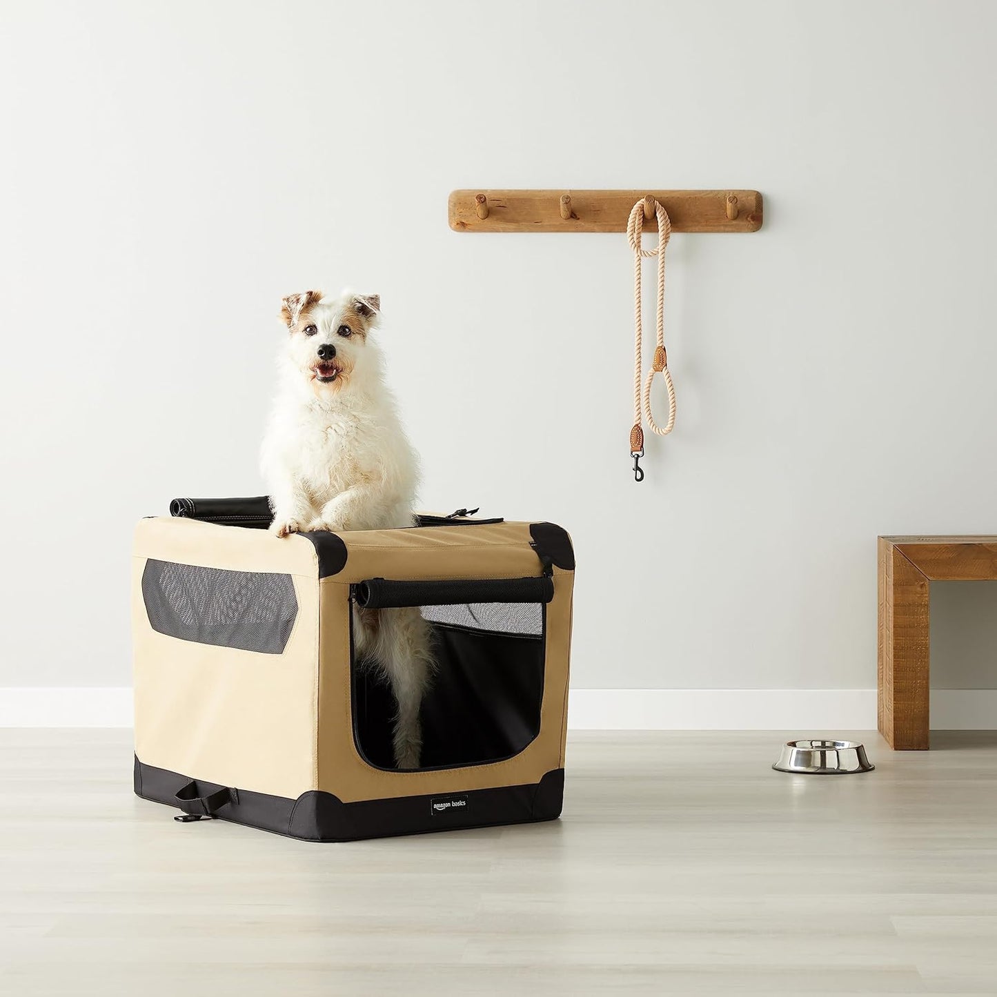 Amazon Basics 2-Door Portable Soft-Sided Folding Soft Dog Travel Crate Kennel, Medium (M 30" x 21" x 21"), Tan