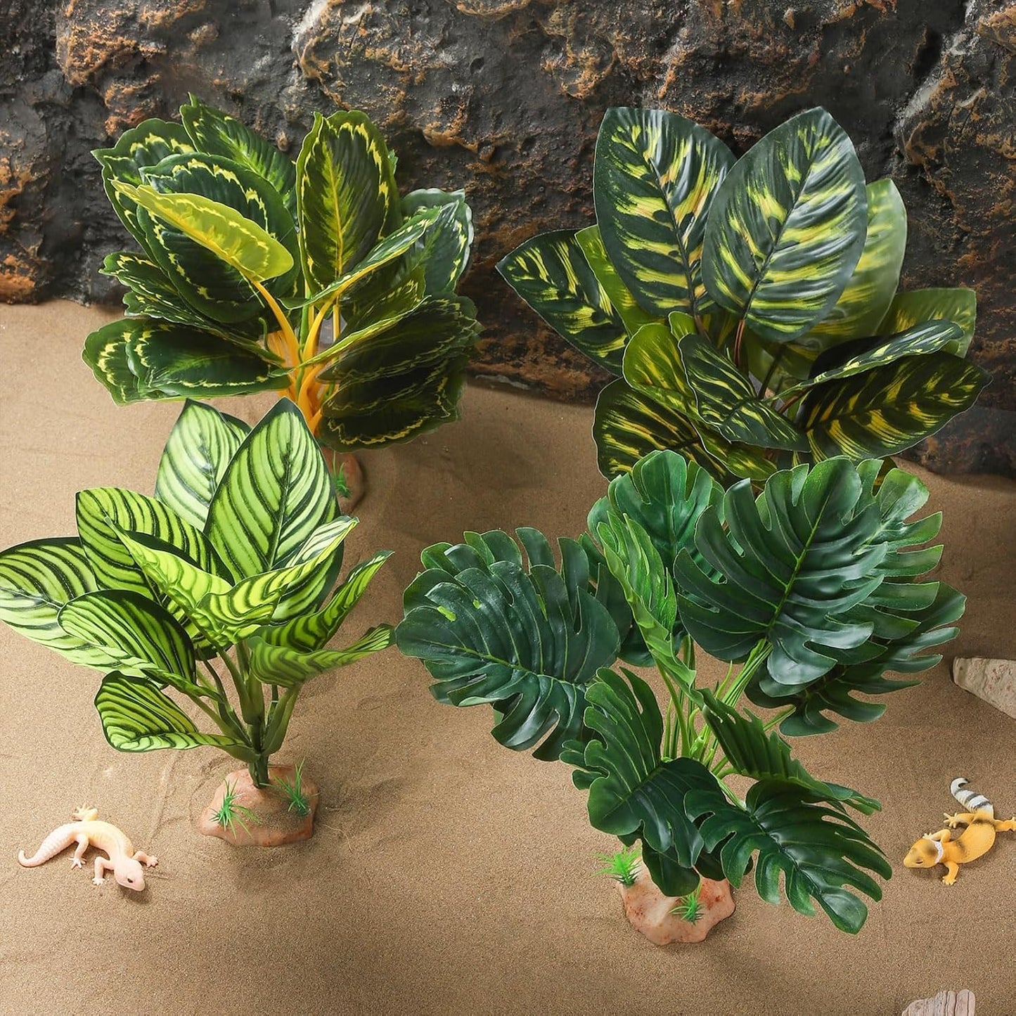 IBWell Reptile Plants - Tortoise Habitat Accessories, Artificial Spider Plant for Gecko, Ball Python, Tortoise Terrarium Decor - Calathea Makoyana B