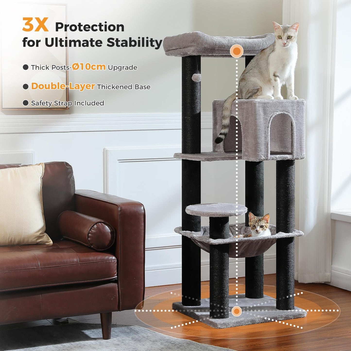 Large Cat Tree with Reinforced Scratching Posts (φ3.1in) for Big Adult Cats 30 lbs, 57.8" Heavy Duty Cat Tower with Larger Hammock and Condo, Cat Furniture for Maine Coon, Plush,Black