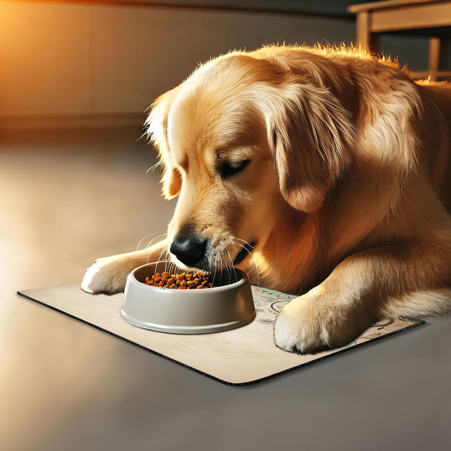 Lunarable Abstract Pet Mat for Food and Water, Old Dated Vintage Retro Antique Image with Floral Swirls Art Print, Non-Slip Rubber Mat for Dogs and Cats, 18" X 12", Brown Turquoise